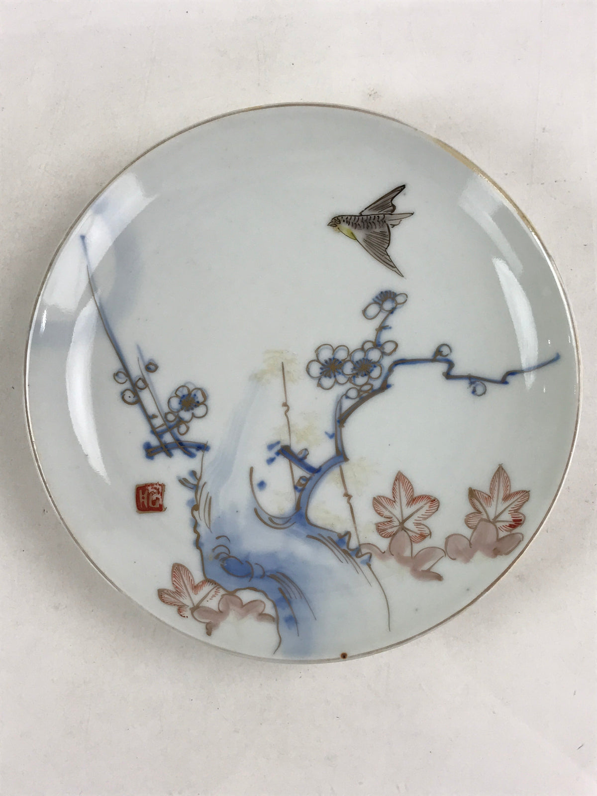 Antique Japanese Koimari Imari Plate Plum Blossom Nightingale Kozara Gold PY366