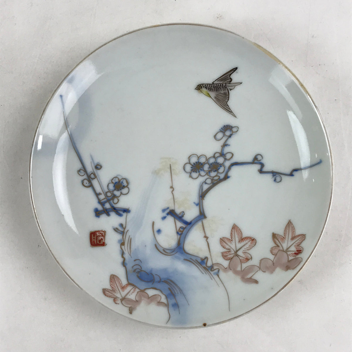 Antique Japanese Koimari Imari Plate Plum Blossom Nightingale Kozara Gold PY366