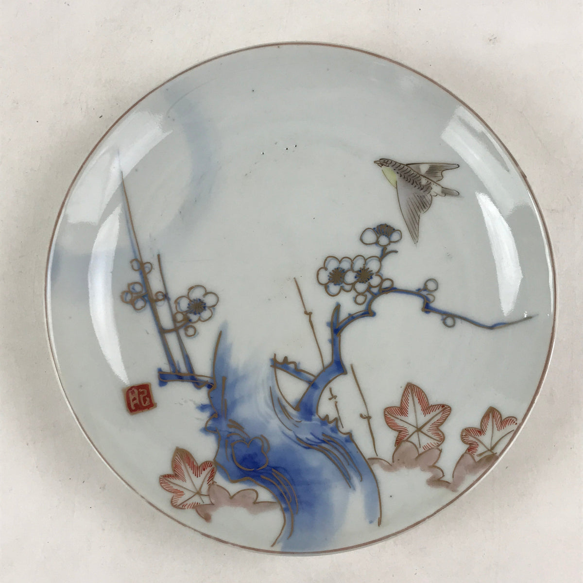 Antique Japanese Koimari Imari Plate Plum Blossom Nightingale Kozara Gold PY367