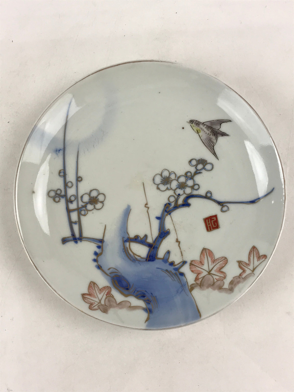 Antique Japanese Koimari Imari Plate Plum Blossom Nightingale Kozara Gold PY368