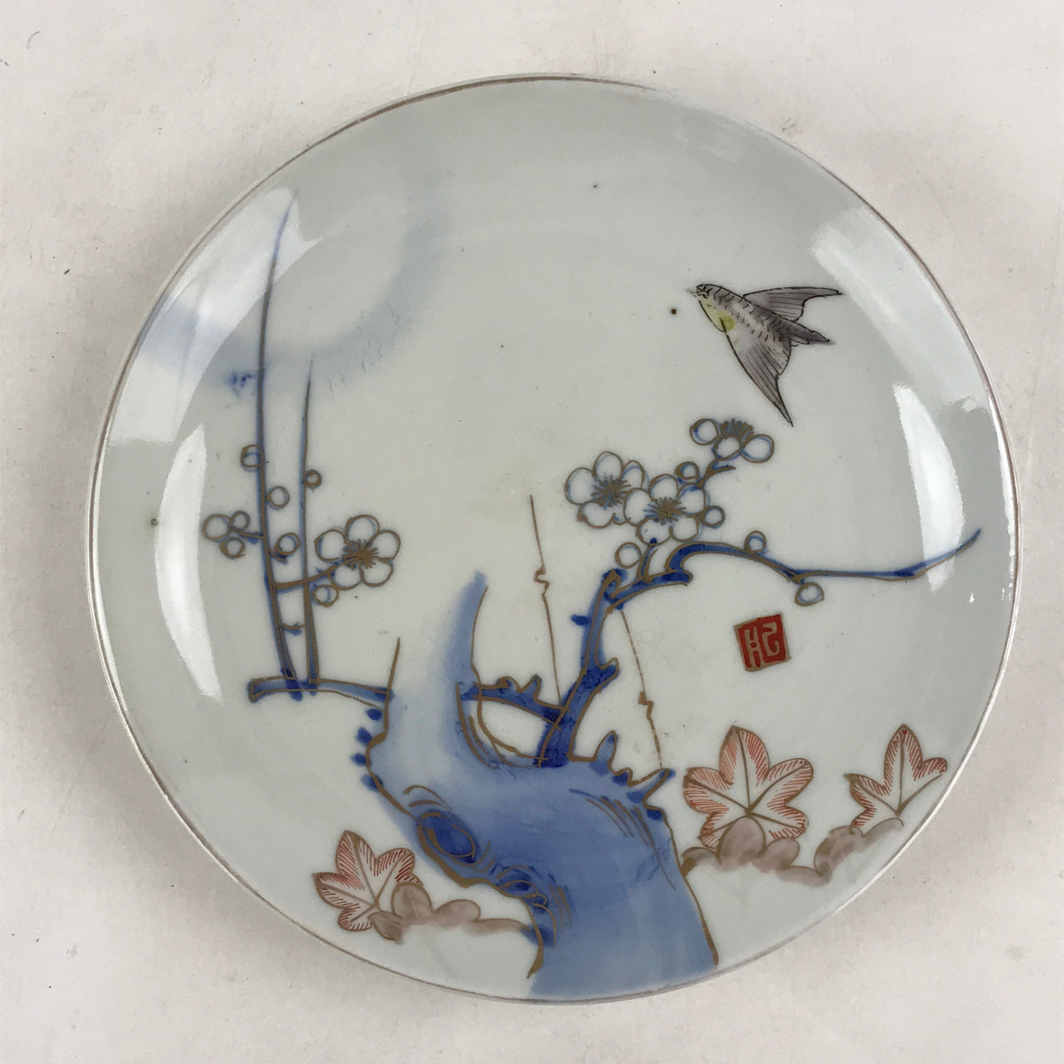 Antique Japanese Koimari Imari Plate Plum Blossom Nightingale Kozara Gold PY368