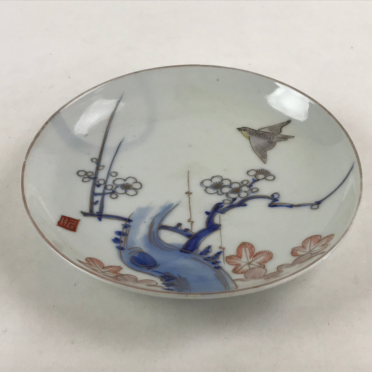 Antique Japanese Koimari Imari Plate Plum Blossom Nightingale Kozara Gold PY369