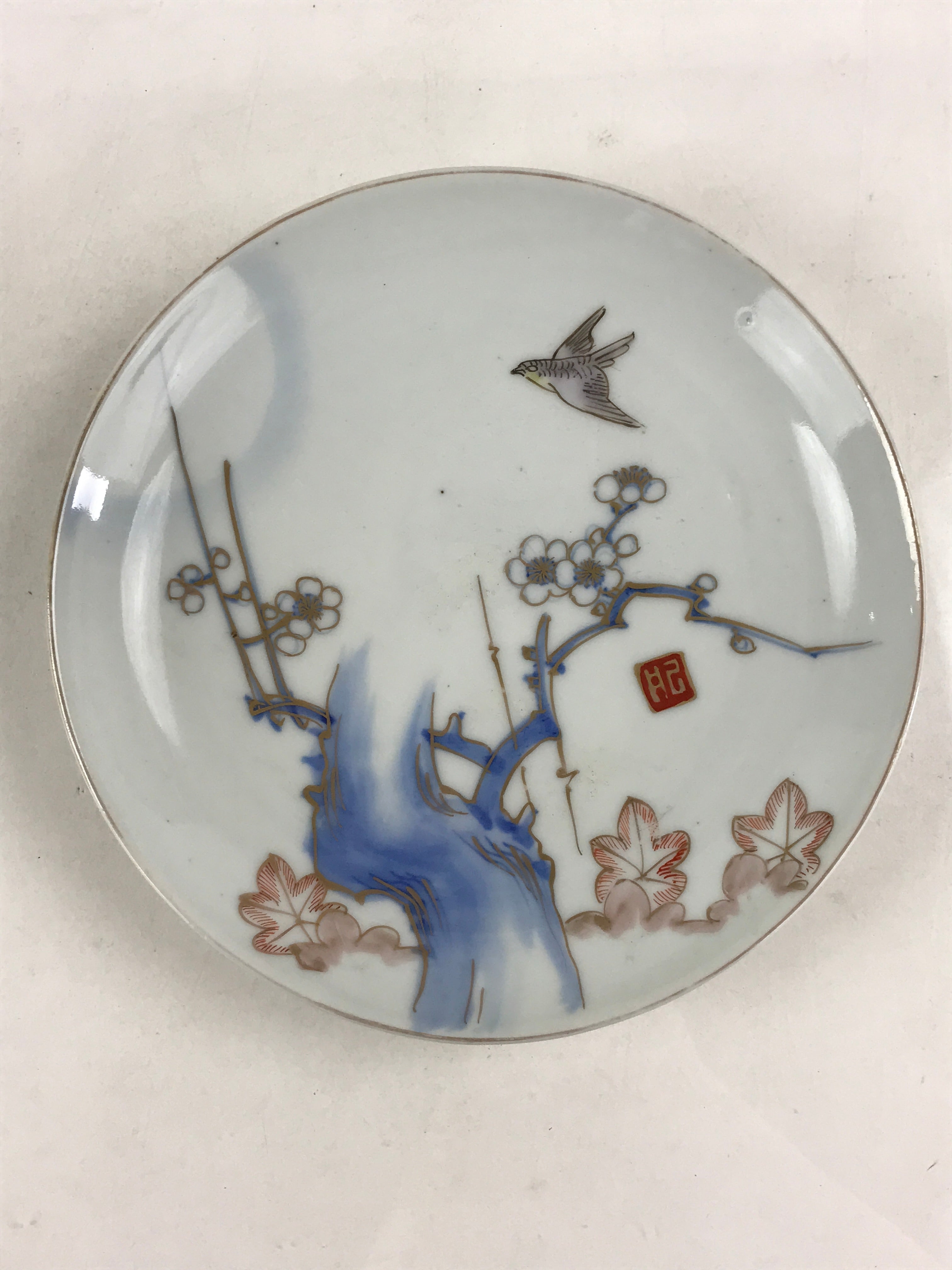 Antique Japanese Koimari Imari Plate Plum Blossom Nightingale Kozara Gold PY370