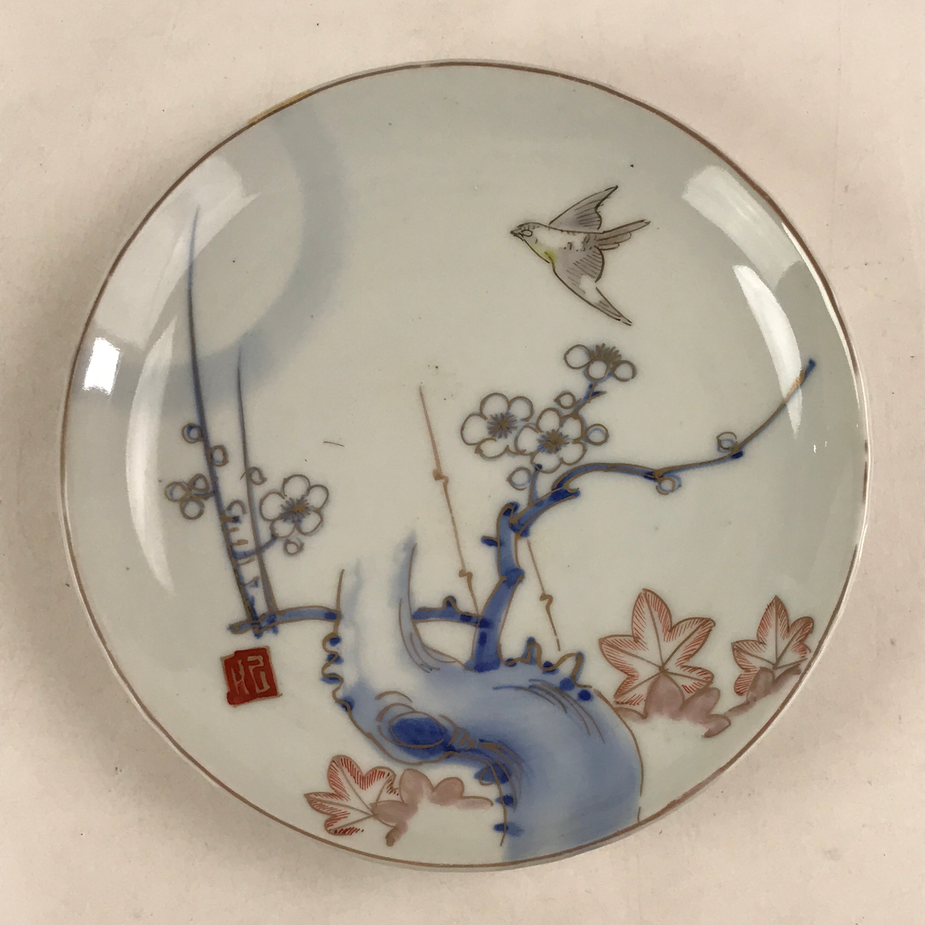 Antique Japanese Koimari Imari Plate Plum Blossom Nightingale Kozara Gold PY372