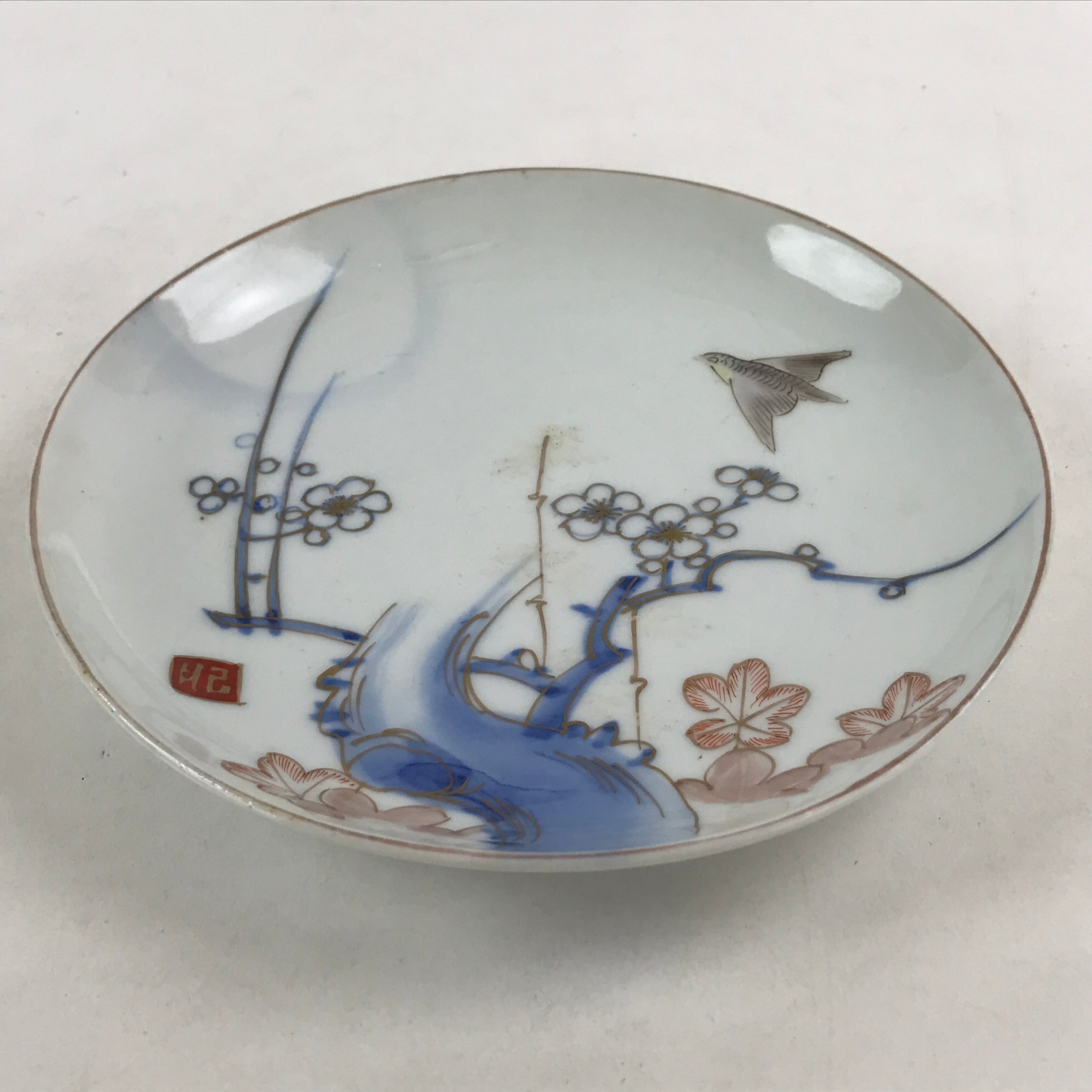Antique Japanese Koimari Imari Plate Plum Blossom Nightingale Kozara Gold PY373