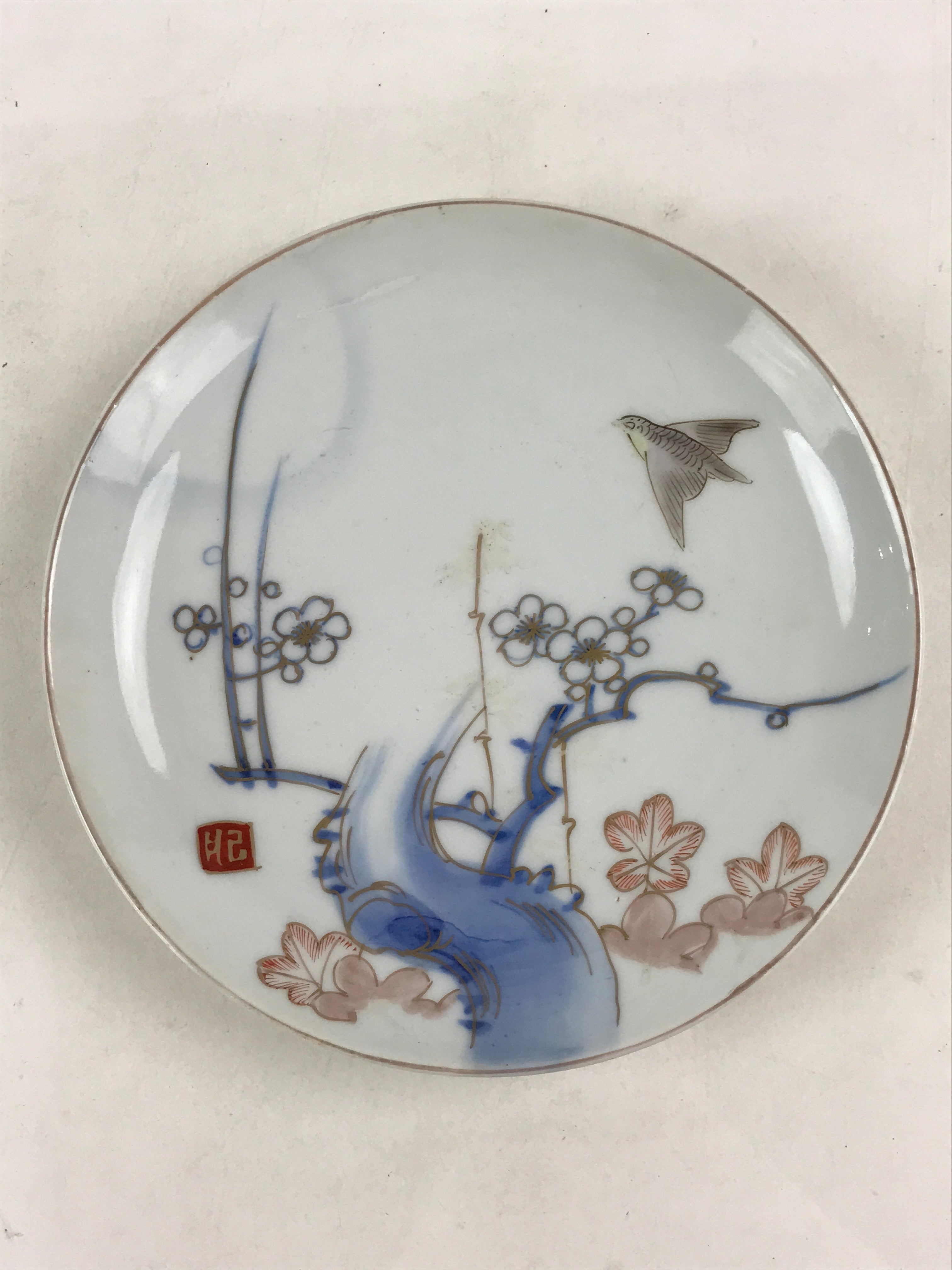 Antique Japanese Koimari Imari Plate Plum Blossom Nightingale Kozara Gold PY373