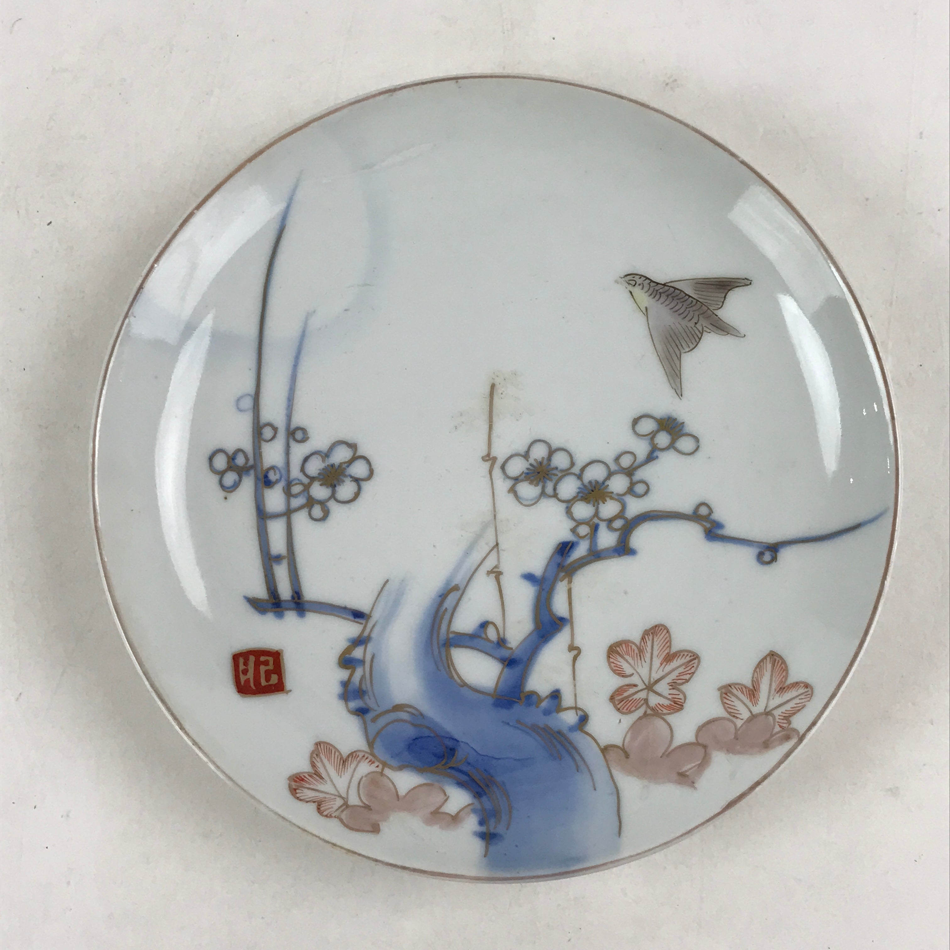 Antique Japanese Koimari Imari Plate Plum Blossom Nightingale Kozara Gold PY373