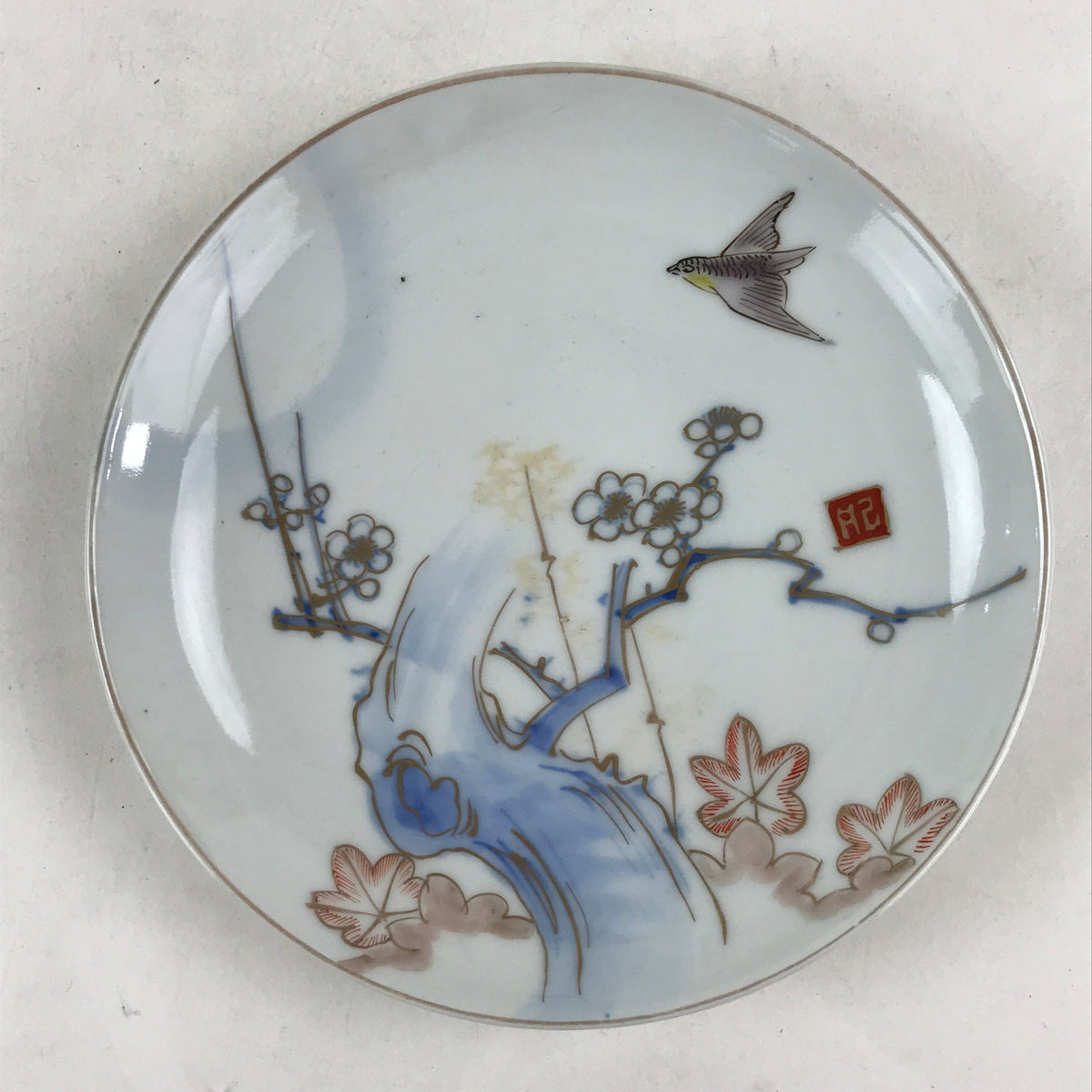 Antique Japanese Koimari Imari Plate Plum Blossom Nightingale Kozara Gold PY374