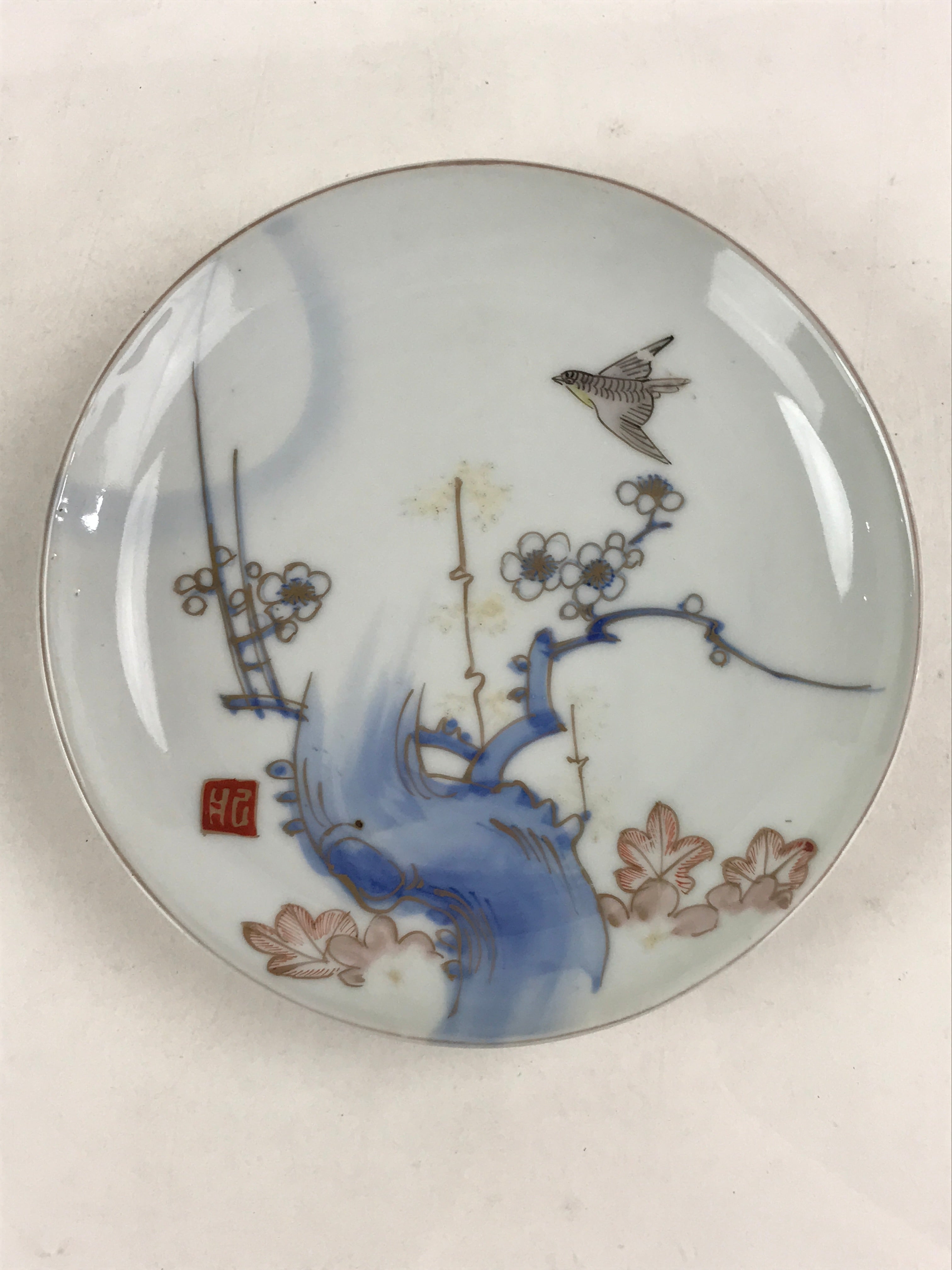 Antique Japanese Koimari Imari Plate Plum Blossom Nightingale Kozara Gold PY375