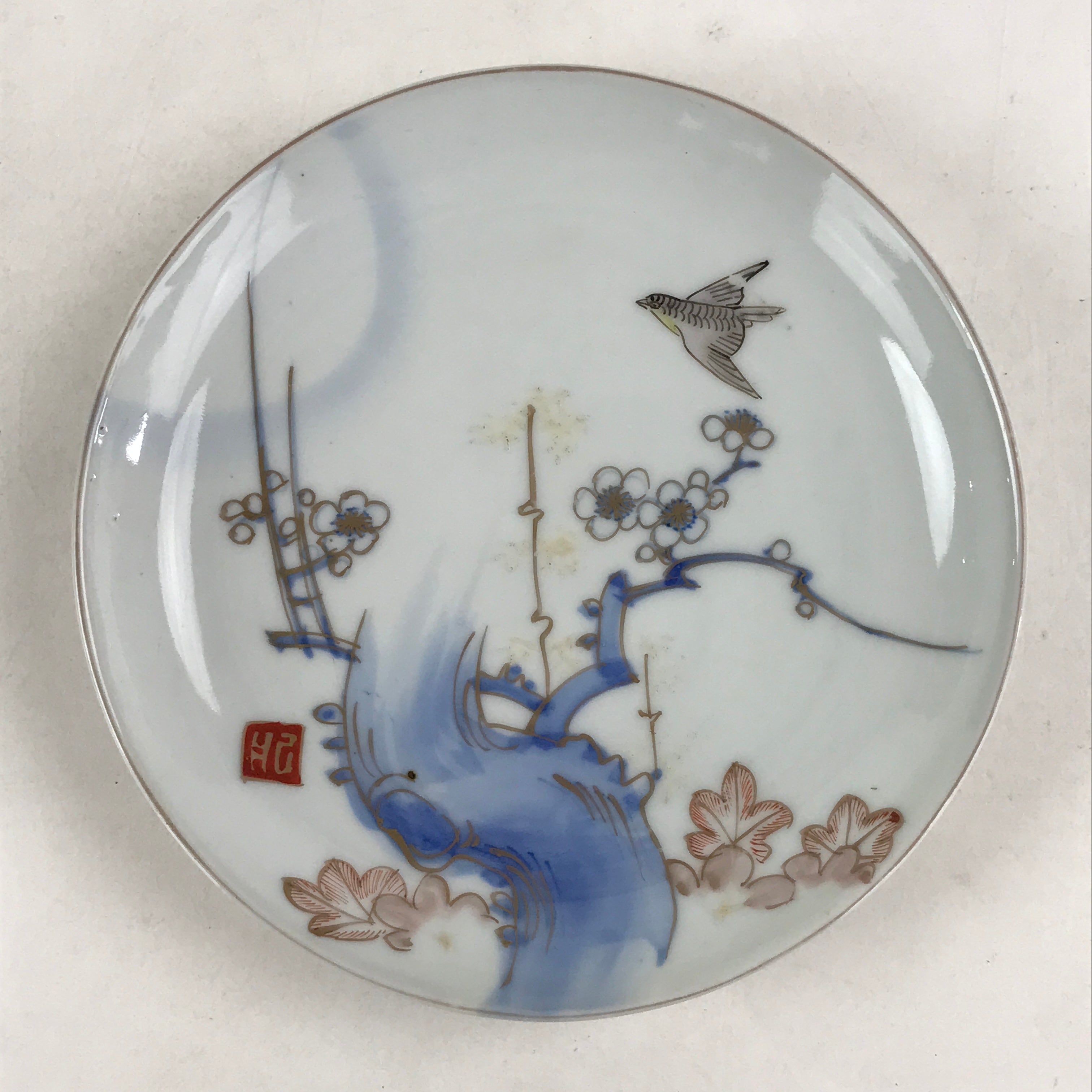 Antique Japanese Koimari Imari Plate Plum Blossom Nightingale Kozara Gold PY375