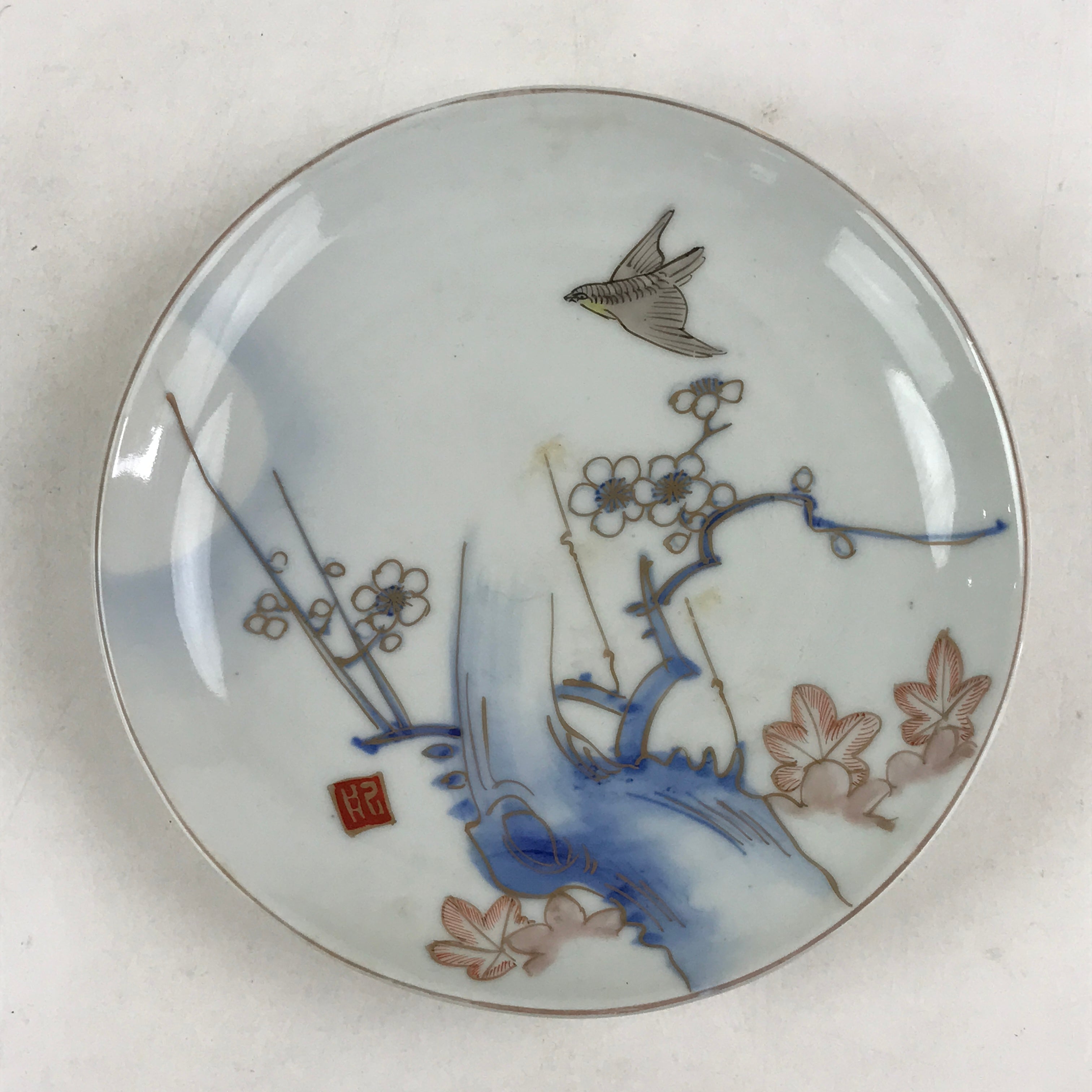 Antique Japanese Koimari Imari Plate Plum Blossom Nightingale Kozara Gold PY376