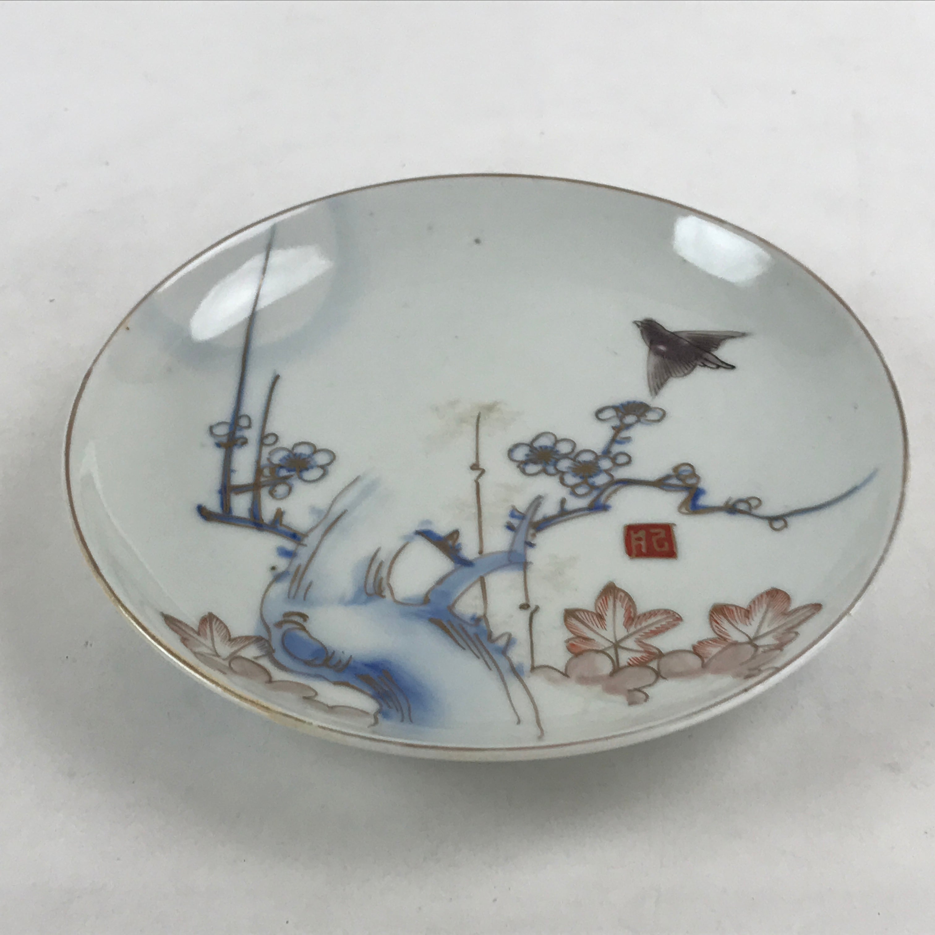 Antique Japanese Koimari Imari Plate Plum Blossom Nightingale Kozara Gold PY378