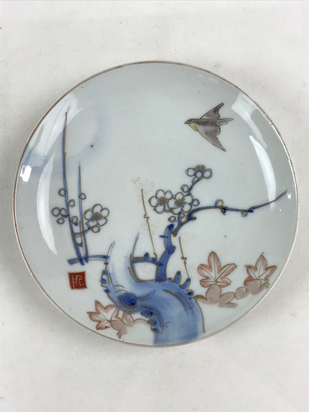 Antique Japanese Koimari Imari Plate Plum Blossom Nightingale Kozara Gold PY380