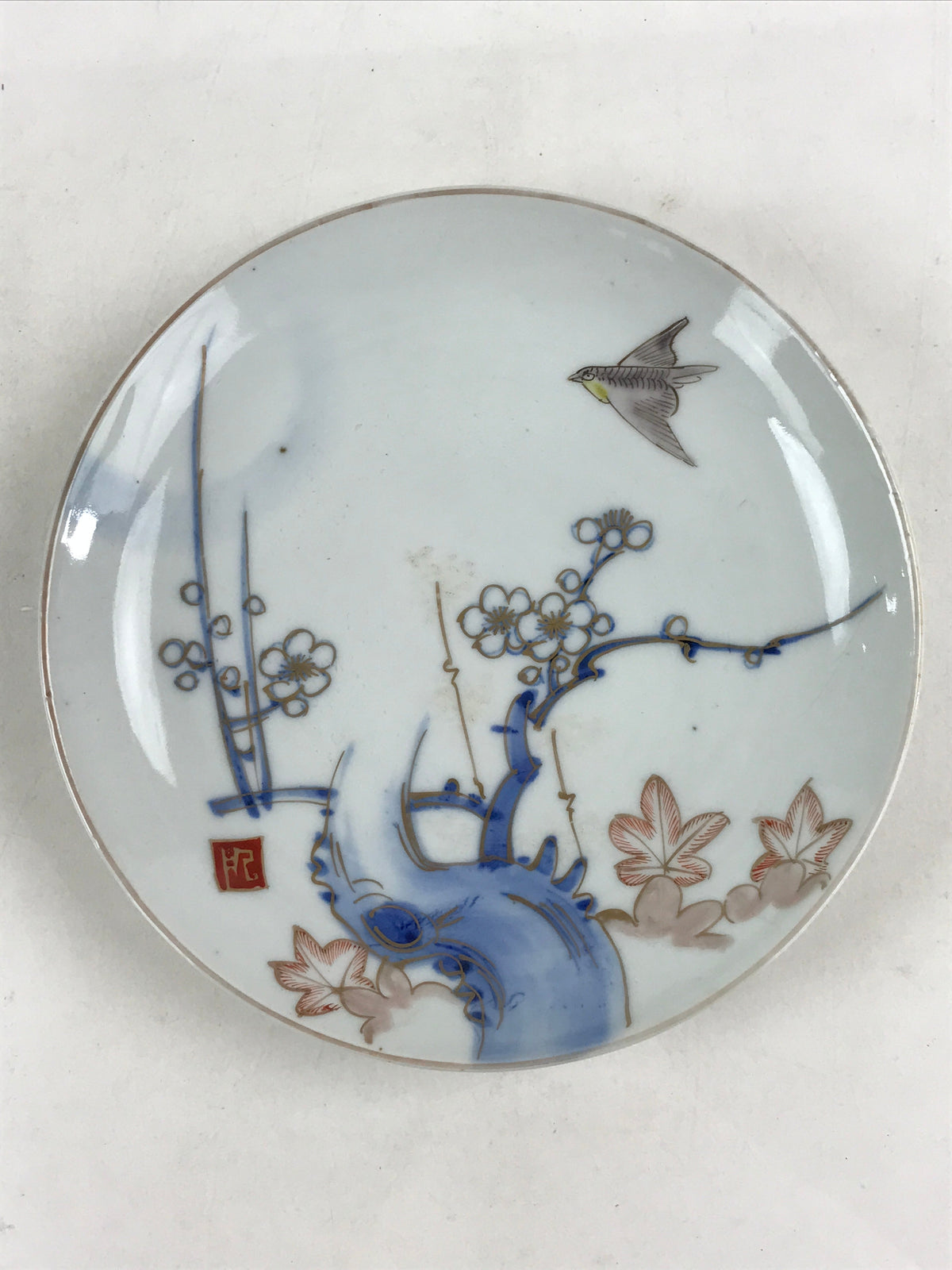 Antique Japanese Koimari Imari Plate Plum Blossom Nightingale Kozara Gold PY380