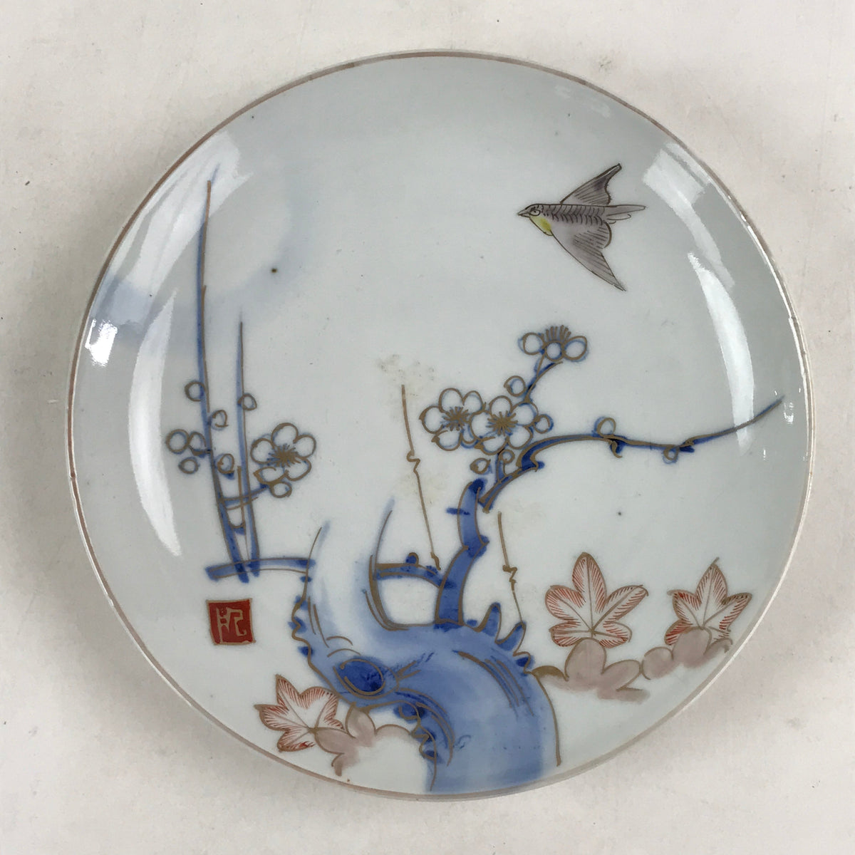 Antique Japanese Koimari Imari Plate Plum Blossom Nightingale Kozara Gold PY380