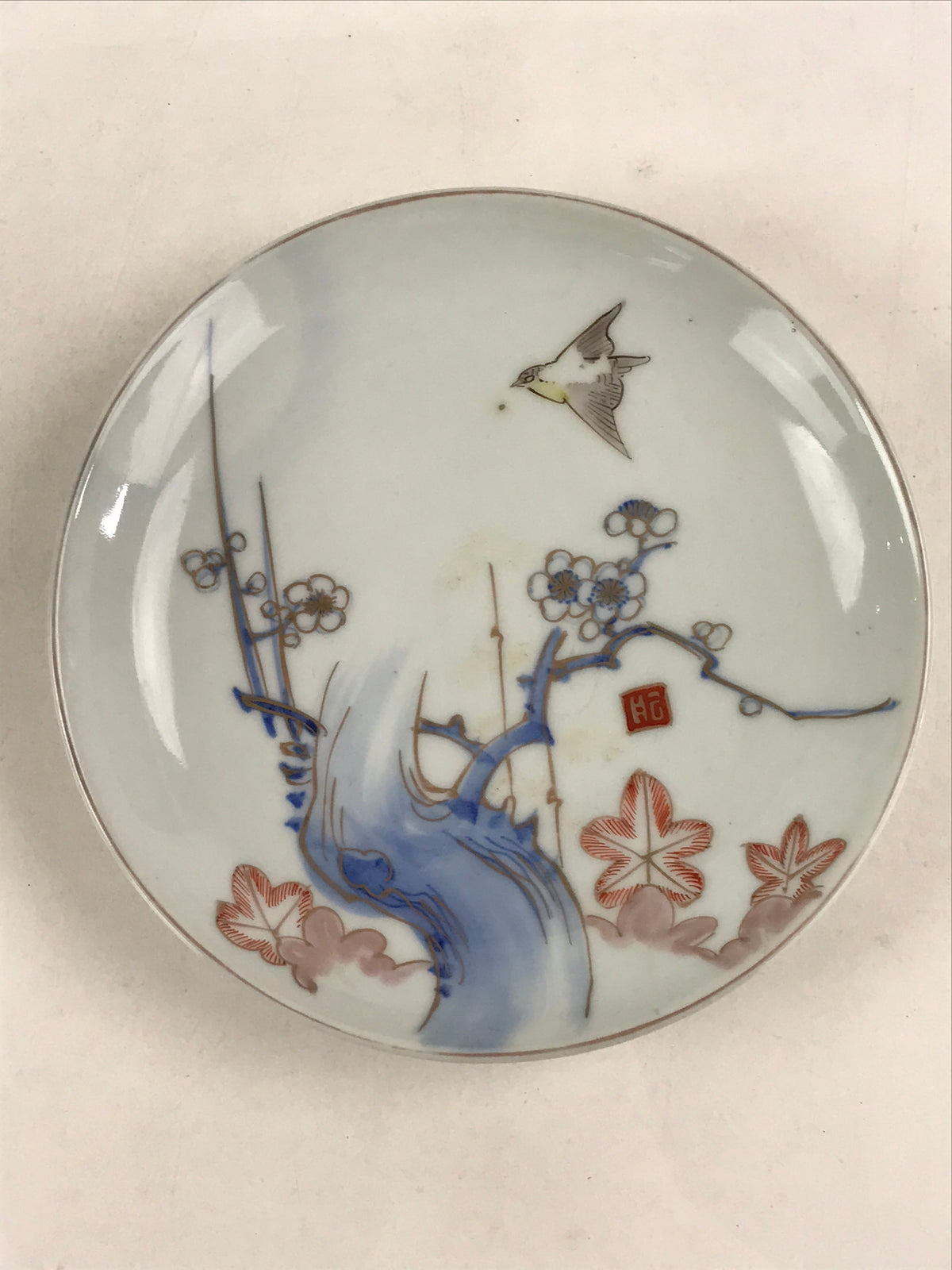 Antique Japanese Koimari Imari Plate Plum Blossom Nightingale Kozara Gold PY381