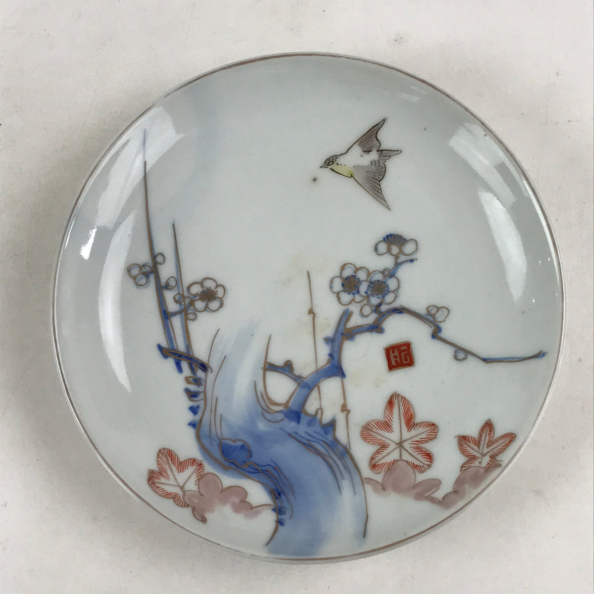 Antique Japanese Koimari Imari Plate Plum Blossom Nightingale Kozara Gold PY381