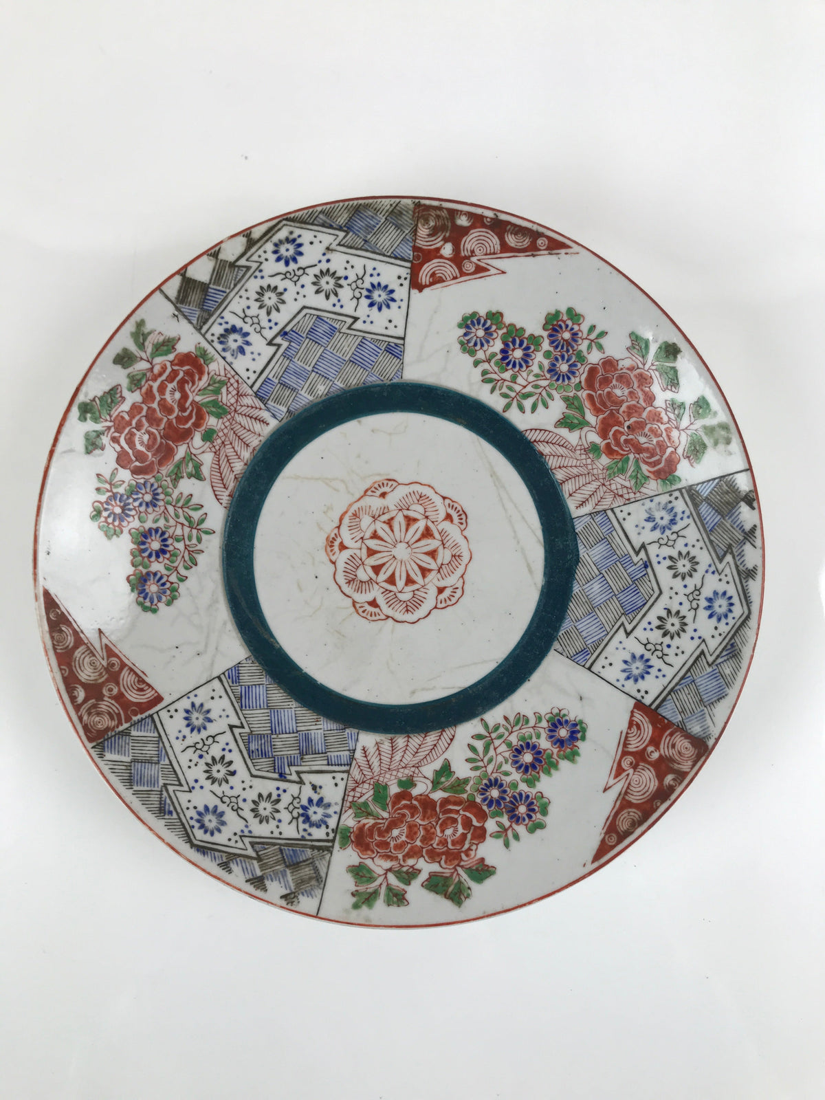 Antique Japanese Kutani Koimari Porcelain Round Plate Peony Red Blue Green PY818