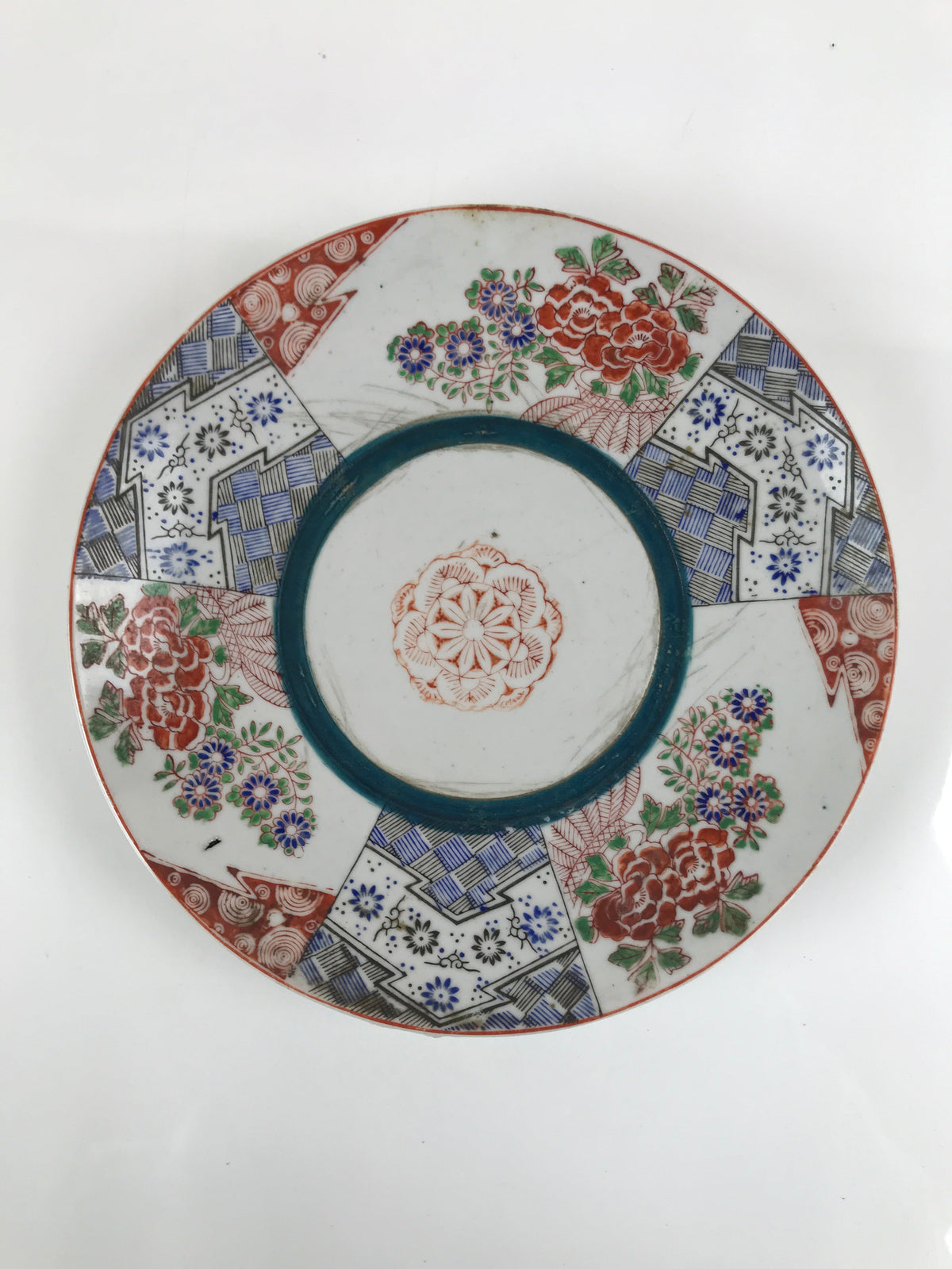 Antique Japanese Kutani Koimari Porcelain Round Plate Peony Red Blue Green PY819