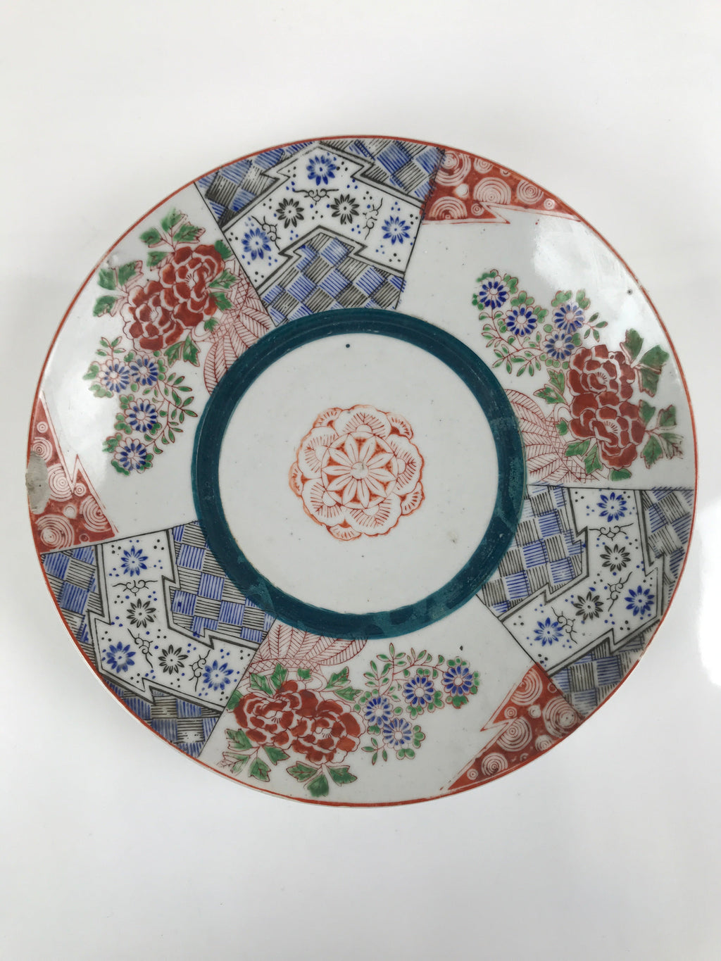Antique Japanese Kutani Koimari Porcelain Round Plate Peony Red Blue Green PY820