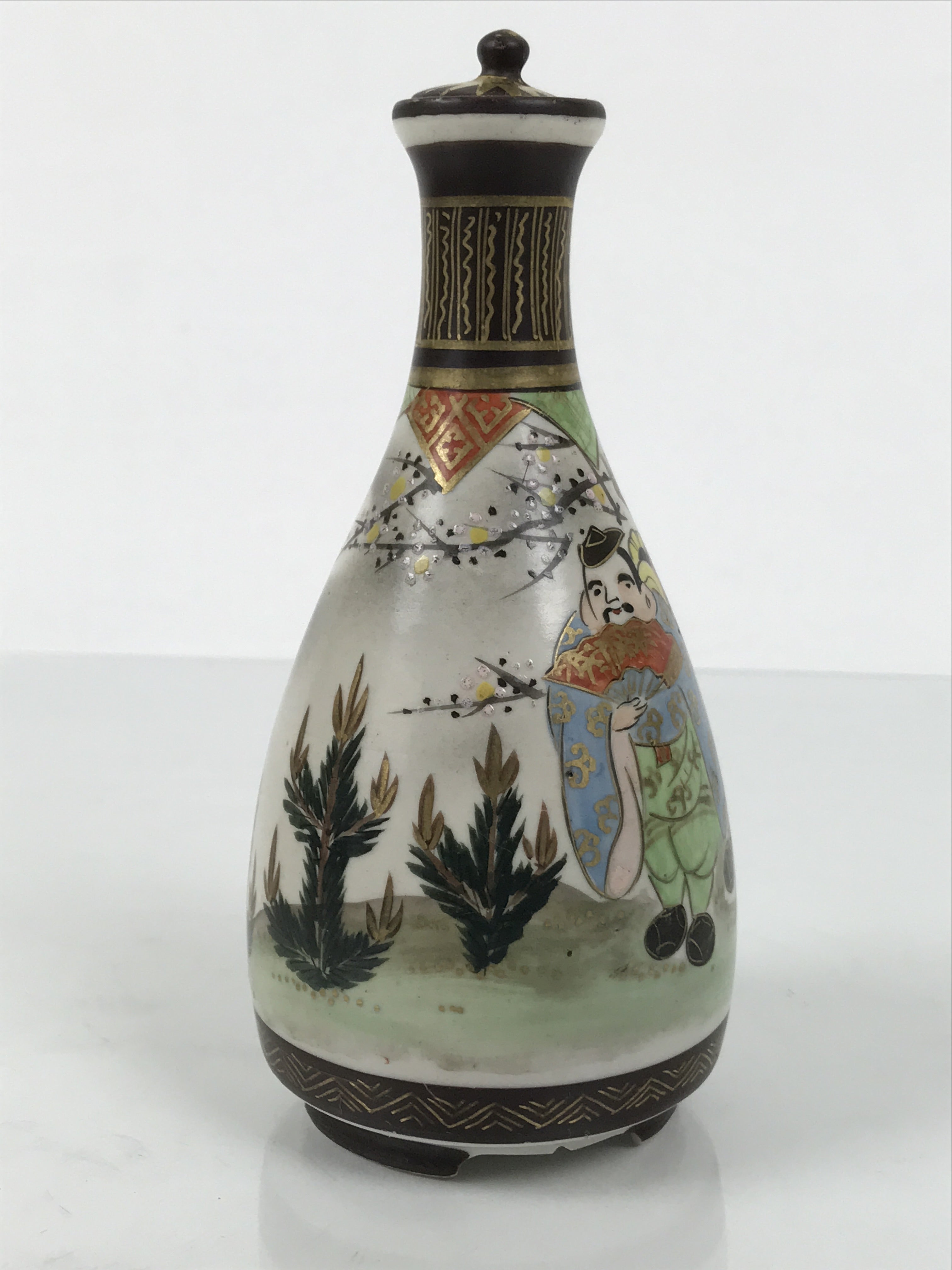 Antique Japanese Kutani Porcelain Lidded Sake Bottle Tokkuri Ebisu Daikoku TS895