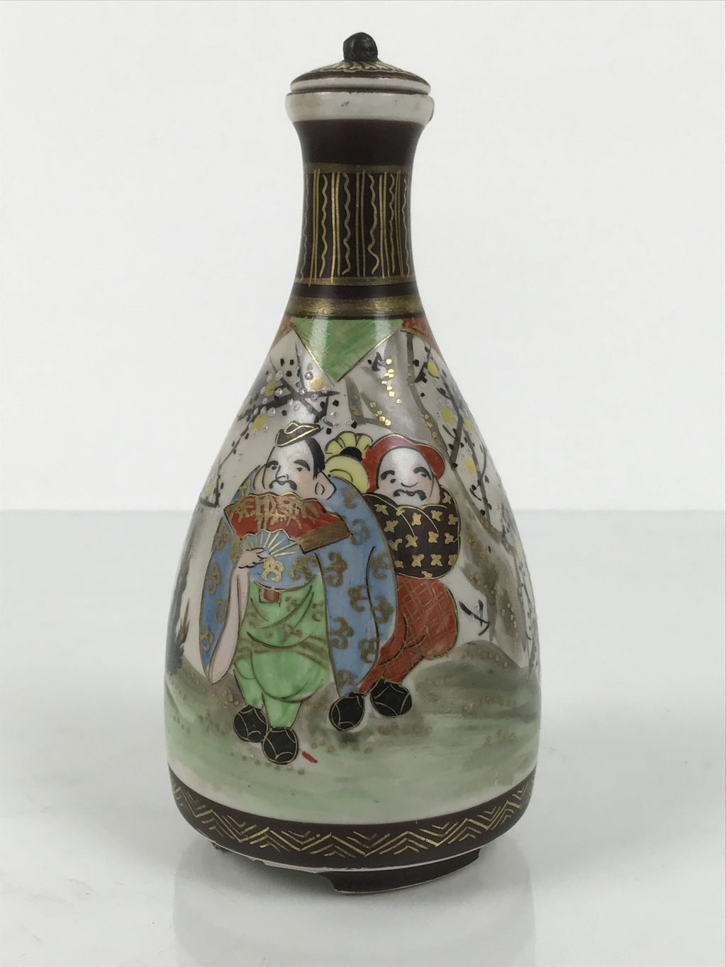 Antique Japanese Kutani Porcelain Lidded Sake Bottle Tokkuri Ebisu Daikoku TS896