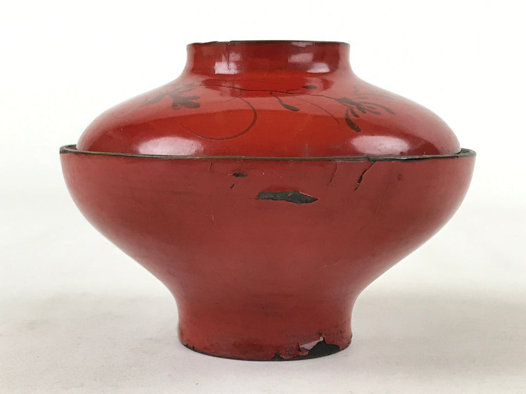 Antique Japanese Lacquer Lidded Bowl Wood Nimonowan Makie Chrysanthemum Red LB81