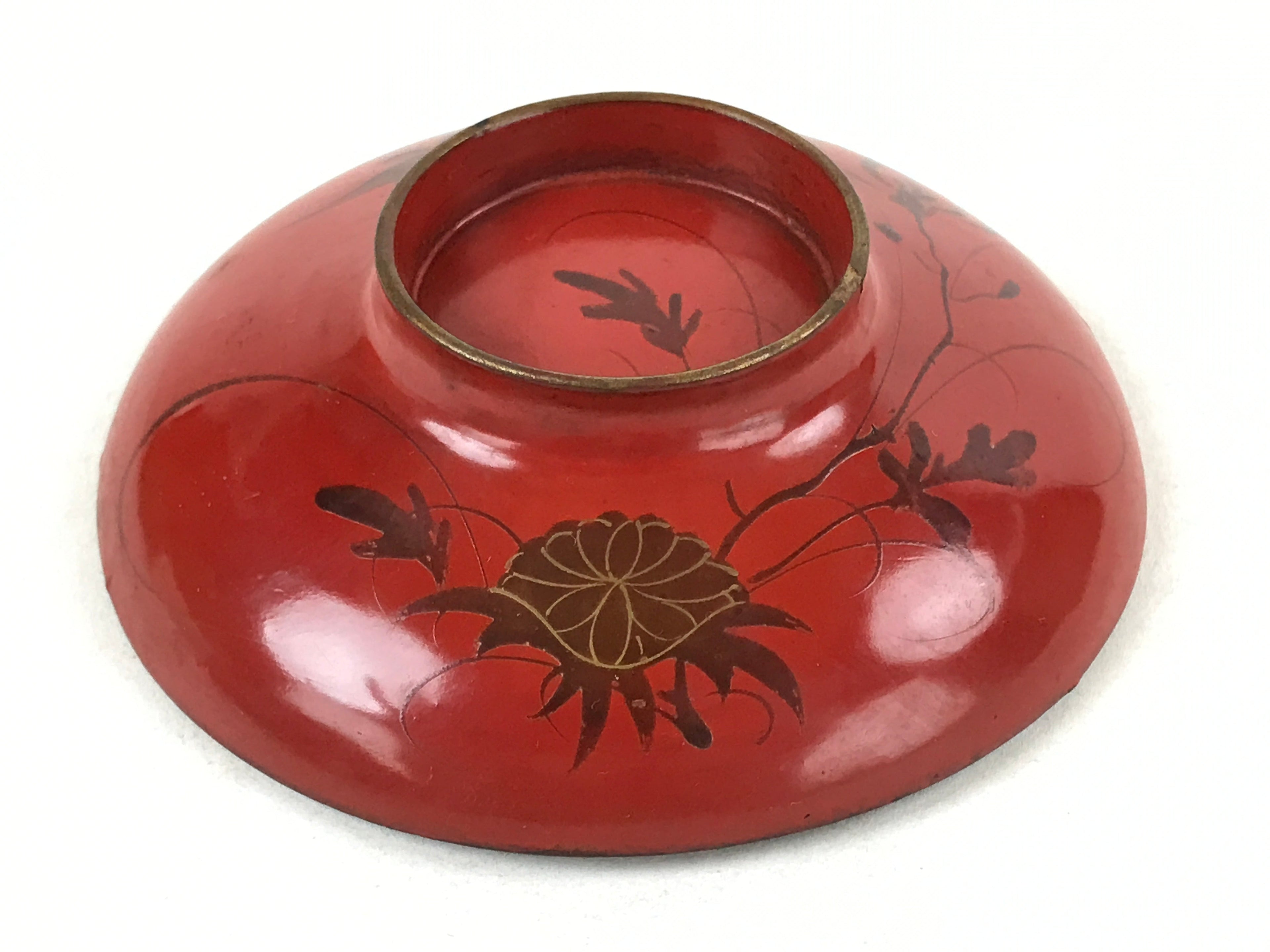 Antique Japanese Lacquer Lidded Bowl Wood Nimonowan Makie Chrysanthemum Red LB81