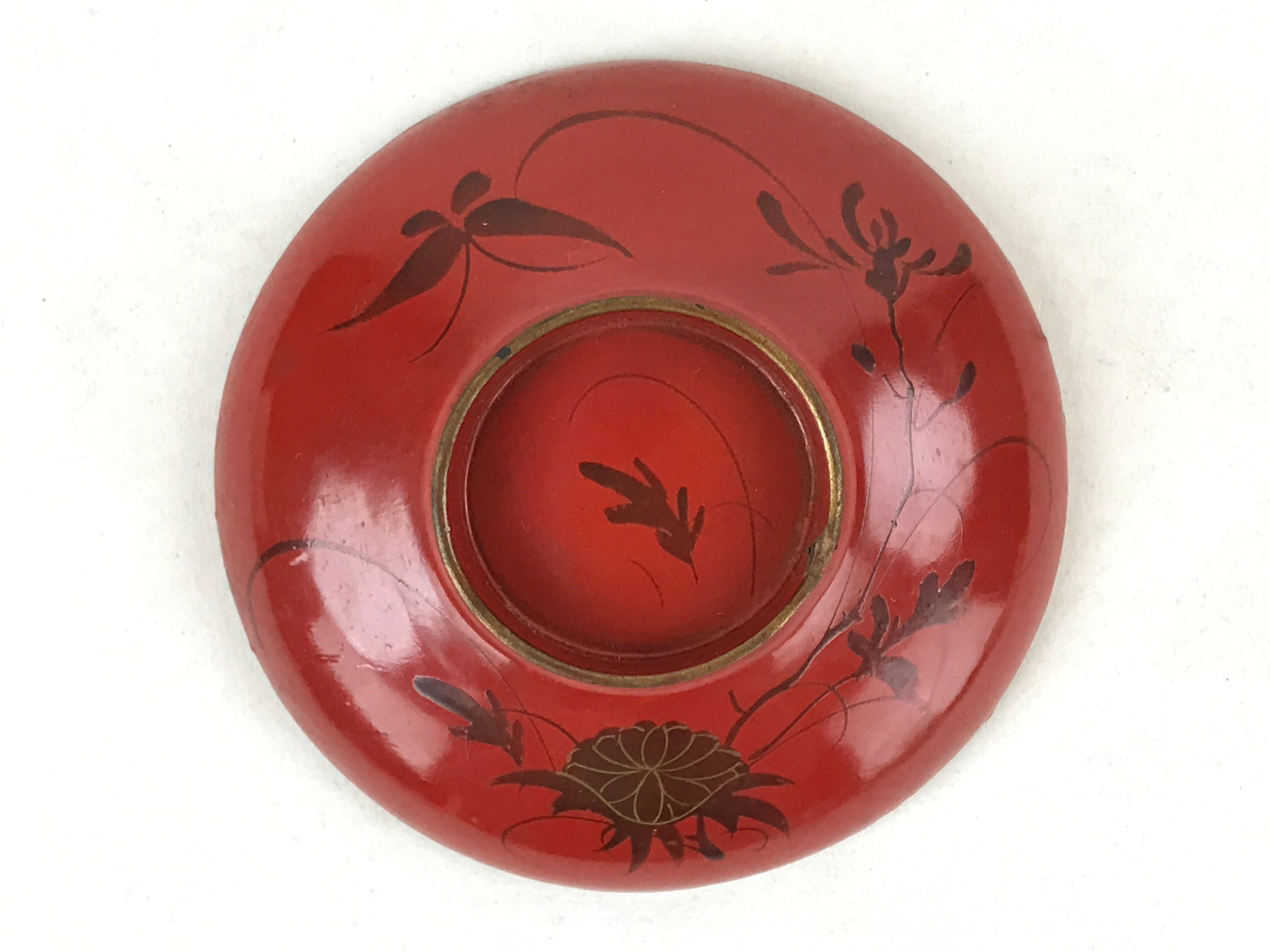Antique Japanese Lacquer Lidded Bowl Wood Nimonowan Makie Chrysanthemum Red LB81