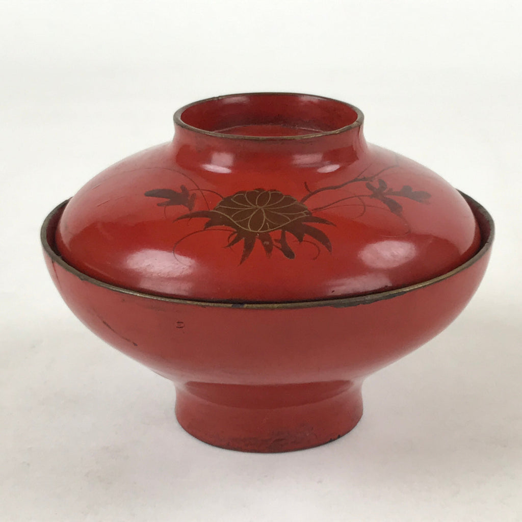 Antique Japanese Lacquer Lidded Bowl Wood Nimonowan Makie Chrysanthemum Red LB81