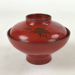 Antique Japanese Lacquer Lidded Bowl Wood Nimonowan Makie Chrysanthemum Red LB83