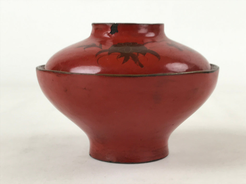 Antique Japanese Lacquer Lidded Bowl Wood Nimonowan Makie Chrysanthemum Red LB84