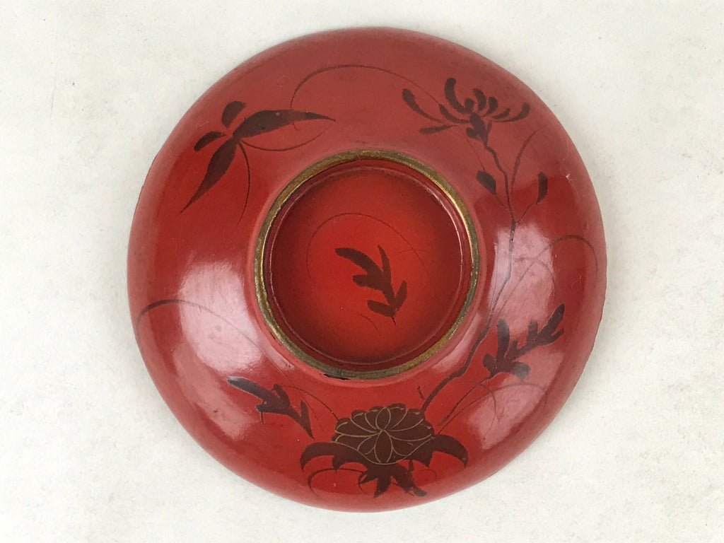 Antique Japanese Lacquer Lidded Bowl Wood Nimonowan Makie Chrysanthemum Red LB84