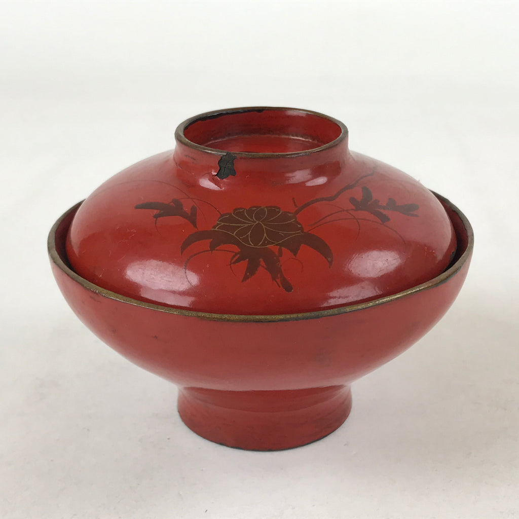 Antique Japanese Lacquer Lidded Bowl Wood Nimonowan Makie Chrysanthemum Red LB84