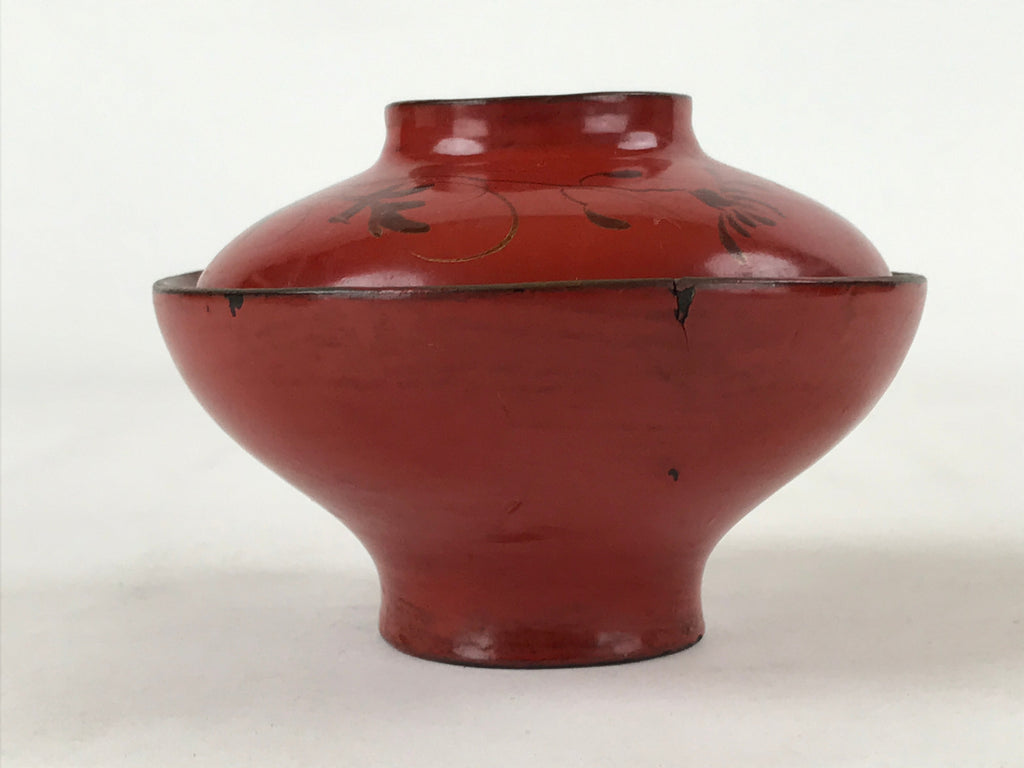 Antique Japanese Lacquer Lidded Bowl Wood Nimonowan Makie Chrysanthemum Red LB85