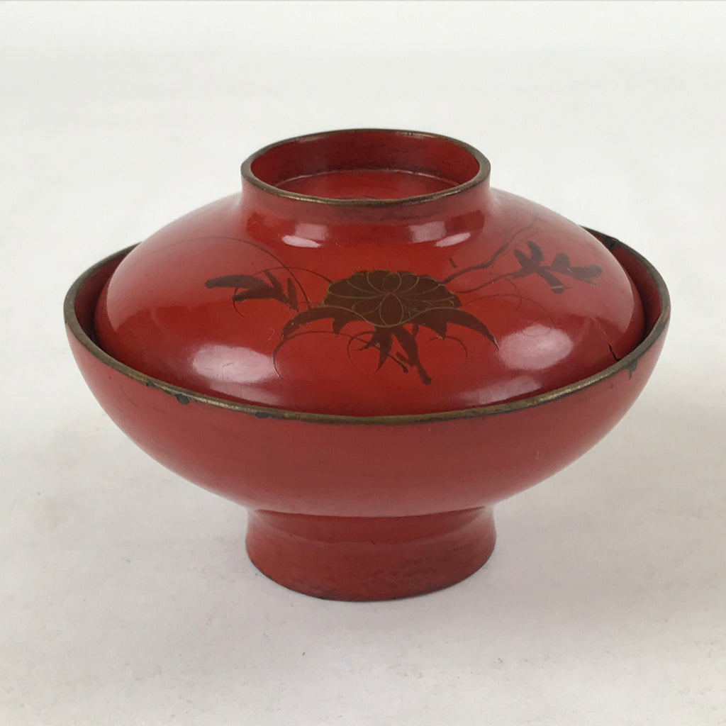 Antique Japanese Lacquer Lidded Bowl Wood Nimonowan Makie Chrysanthemum Red LB85