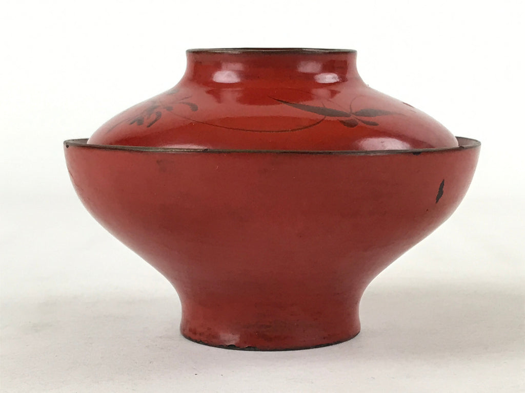 Antique Japanese Lacquer Lidded Bowl Wood Nimonowan Makie Chrysanthemum Red LB86