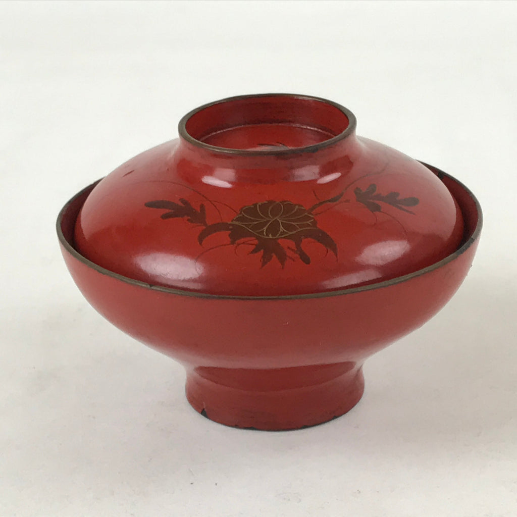 Antique Japanese Lacquer Lidded Bowl Wood Nimonowan Makie Chrysanthemum Red LB86