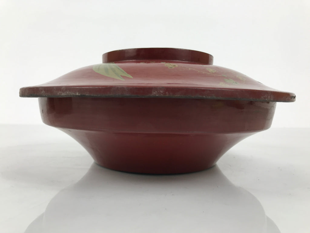 Antique Japanese Lacquer Wood Lidded Large Bowl Makie Gold Red Plum Crane L611