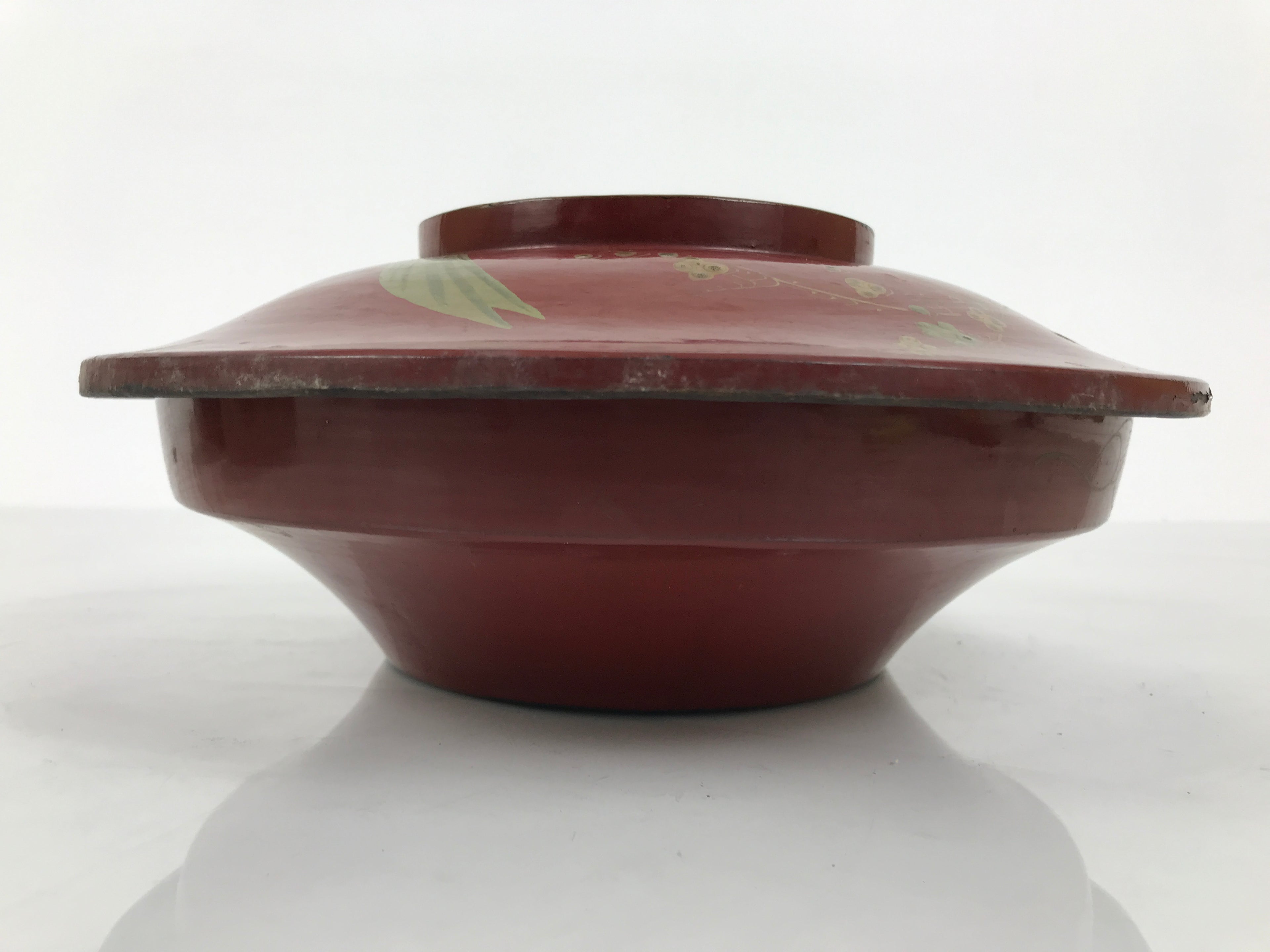 Antique Japanese Lacquer Wood Lidded Large Bowl Makie Gold Red Plum Crane L611