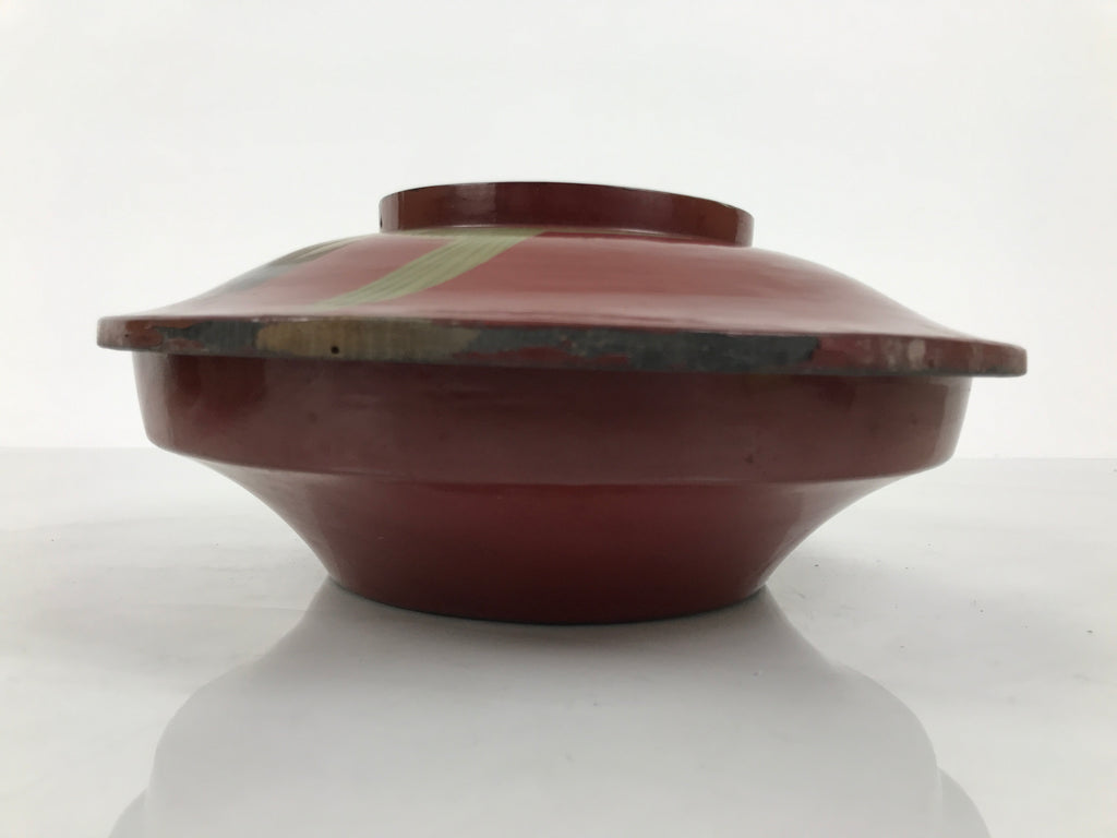 Antique Japanese Lacquer Wood Lidded Large Bowl Makie Gold Red Plum Crane L611