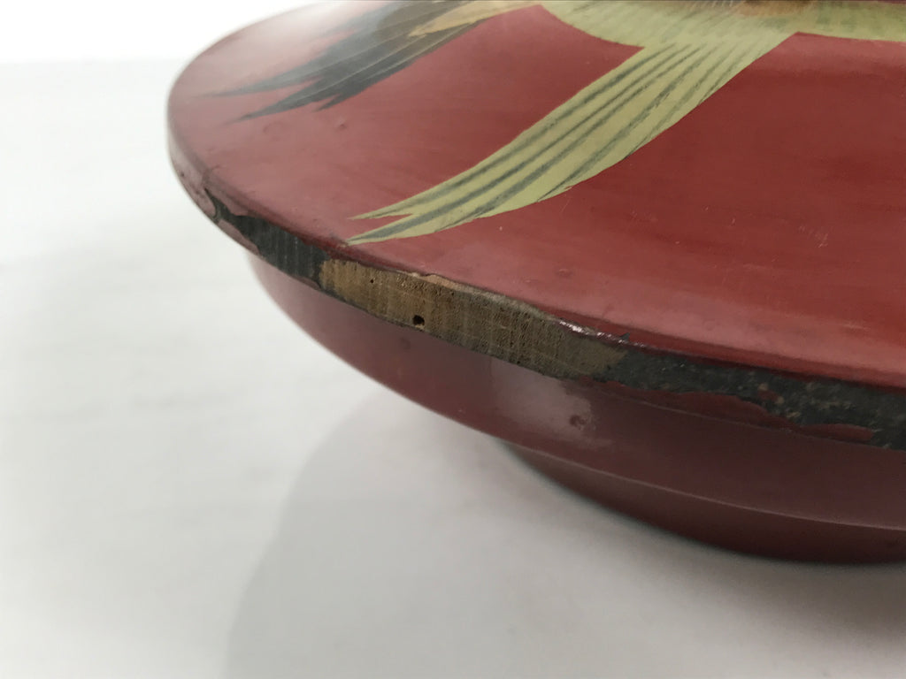 Antique Japanese Lacquer Wood Lidded Large Bowl Makie Gold Red Plum Crane L611