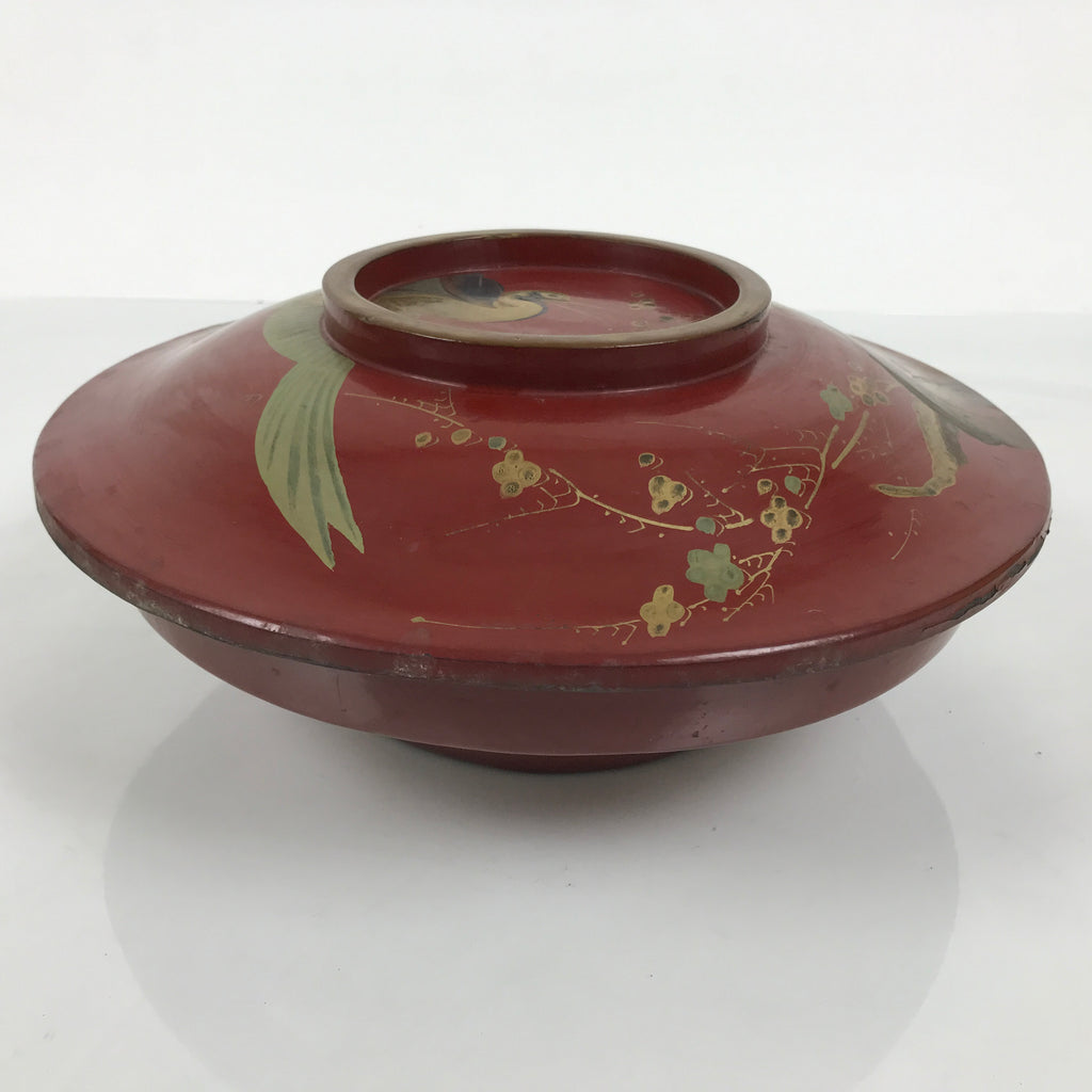 Antique Japanese Lacquer Wood Lidded Large Bowl Makie Gold Red Plum Crane L611