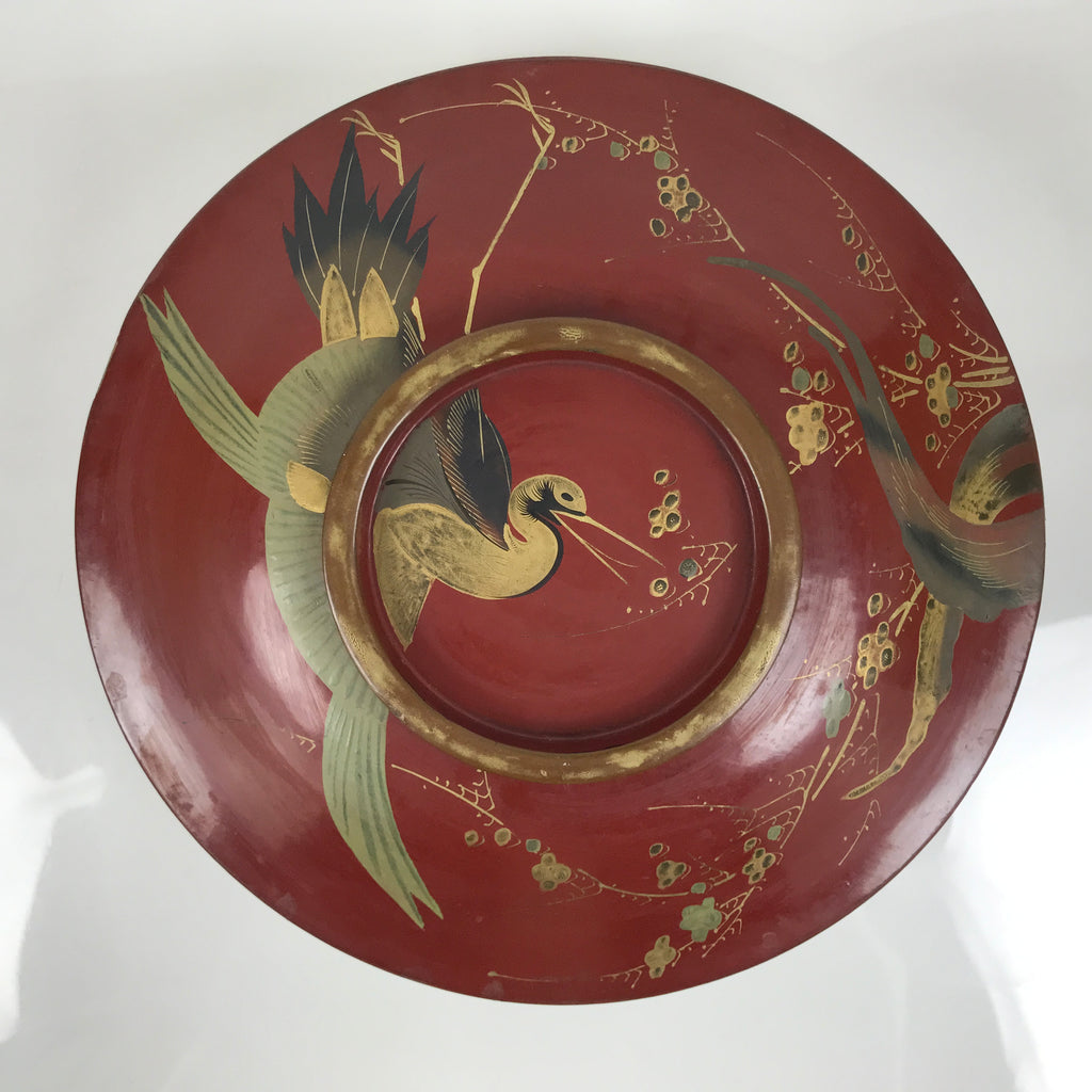 Antique Japanese Lacquer Wood Lidded Large Bowl Makie Gold Red Plum Crane L611