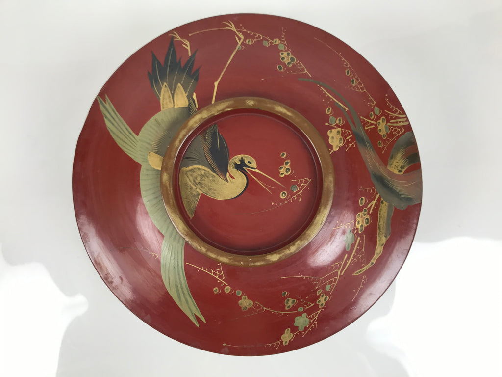 Antique Japanese Lacquer Wood Lidded Large Bowl Makie Gold Red Plum Crane L611