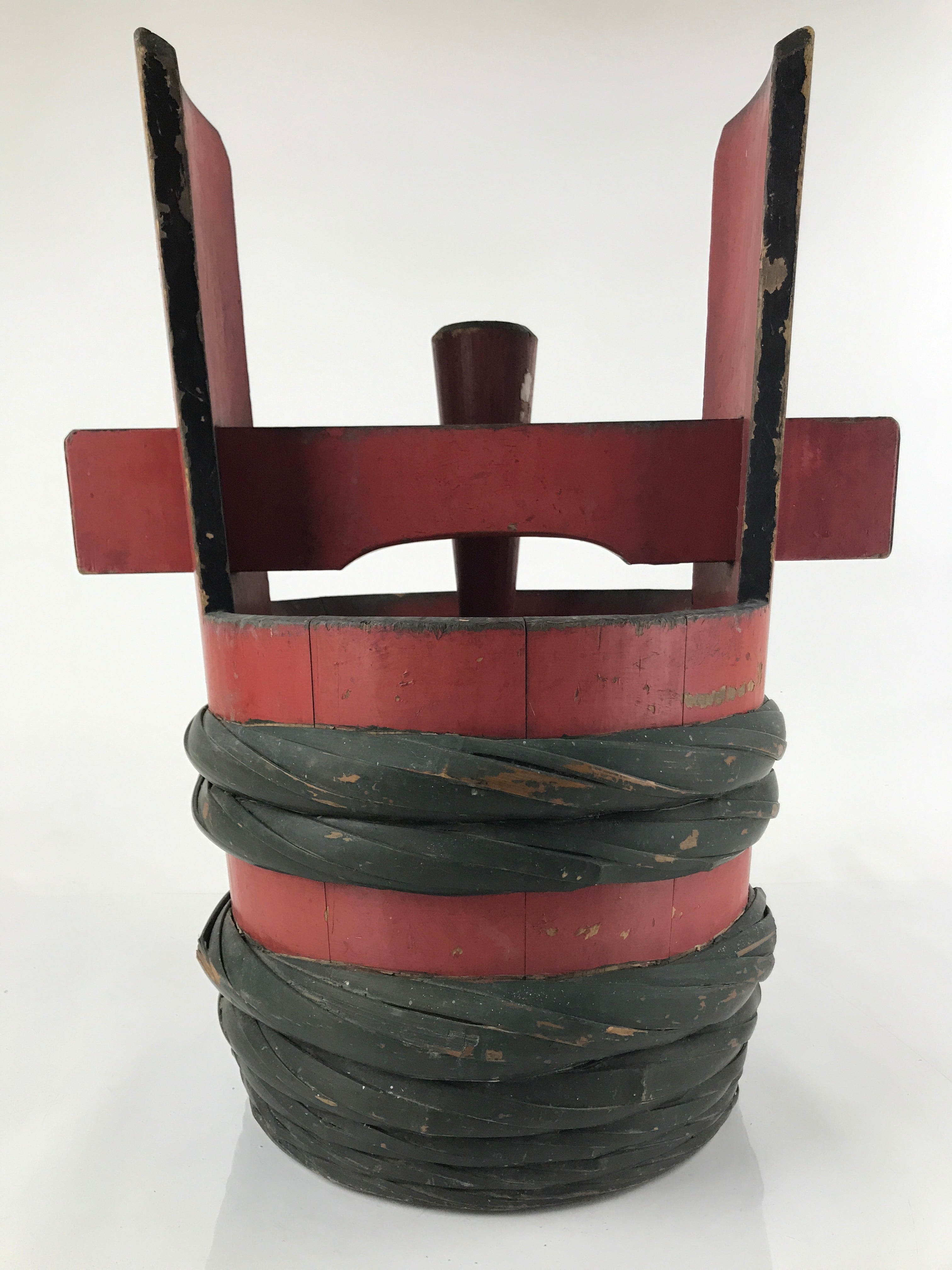 Antique Japanese Lacquer Wood Tsunodaru Celebration Sake Barrel Cask Red BK23