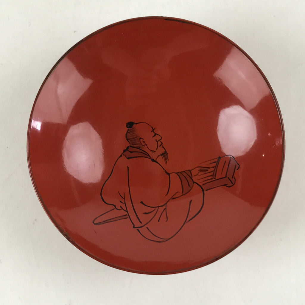 Antique Japanese Lacquered Sake Cup Sakazuki Red Man Play Koto Guinomi Ochoko G7
