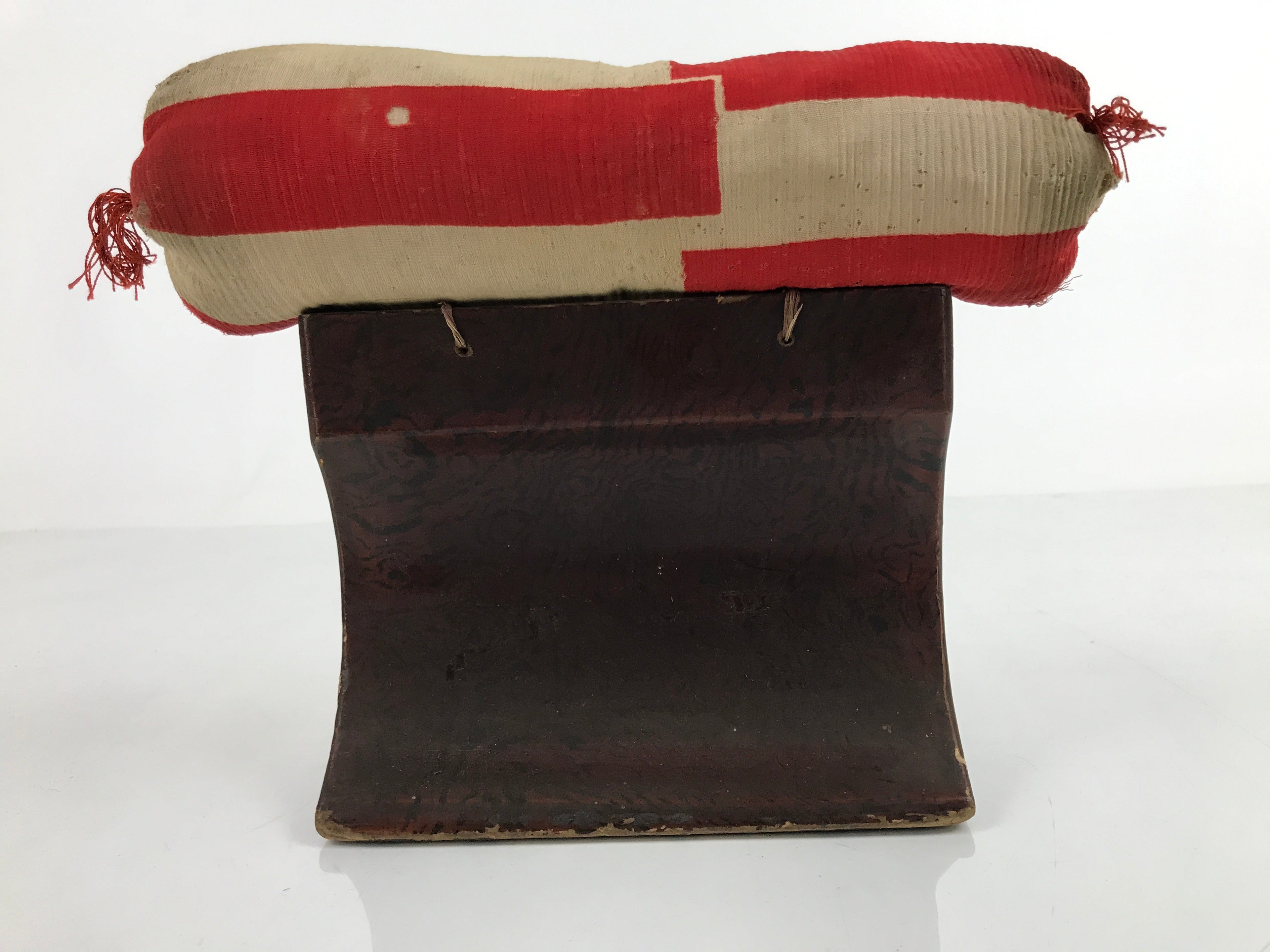 Antique Japanese Lacquered Wood Silk Takamakura Neck Pillow Geisha Red JK703