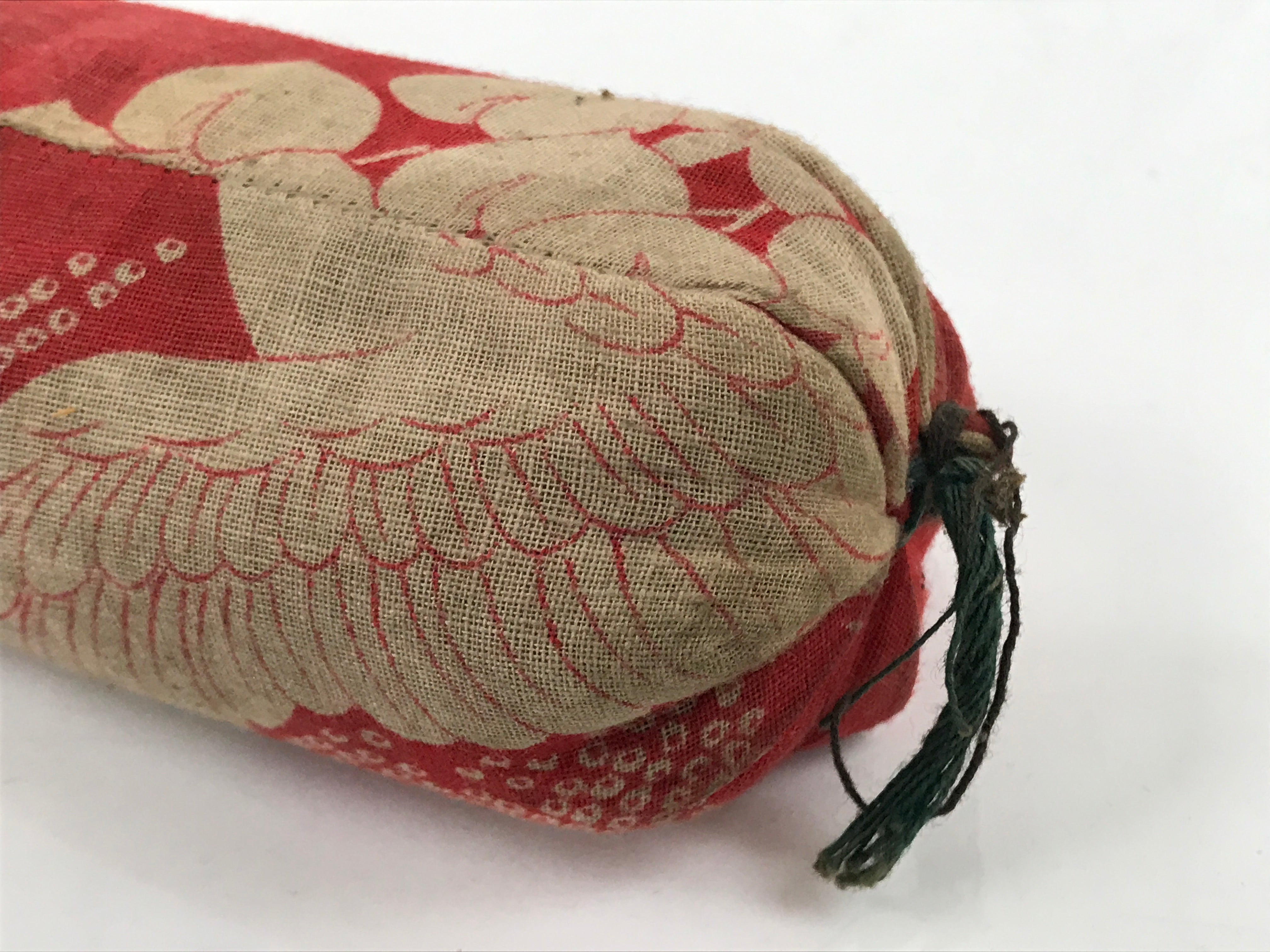 Antique Japanese Lacquered Wood Silk Takamakura Neck Pillow Geisha Red JK706