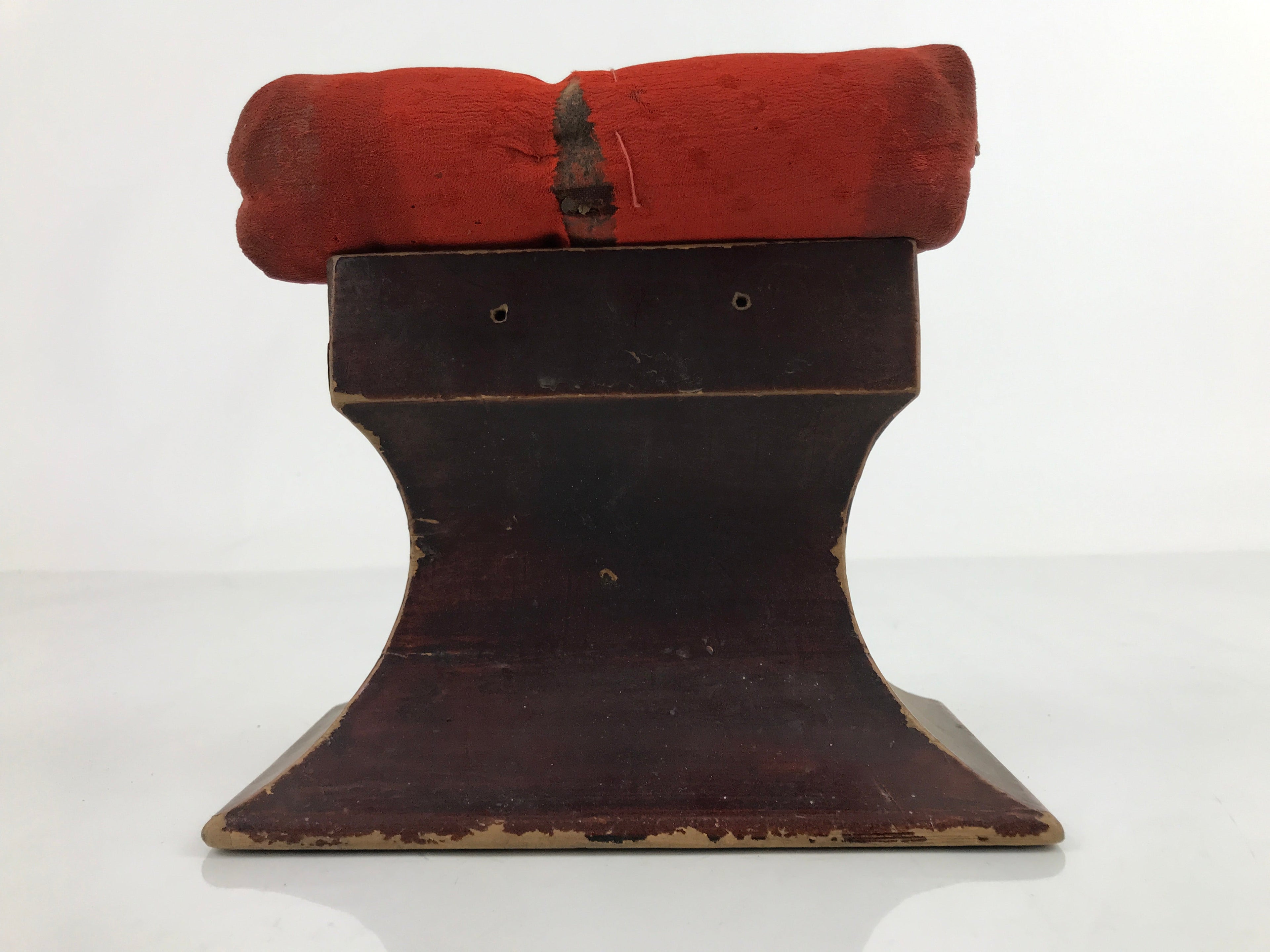 Antique Japanese Lacquered Wood Silk Takamakura Neck Pillow Geisha Red JK707
